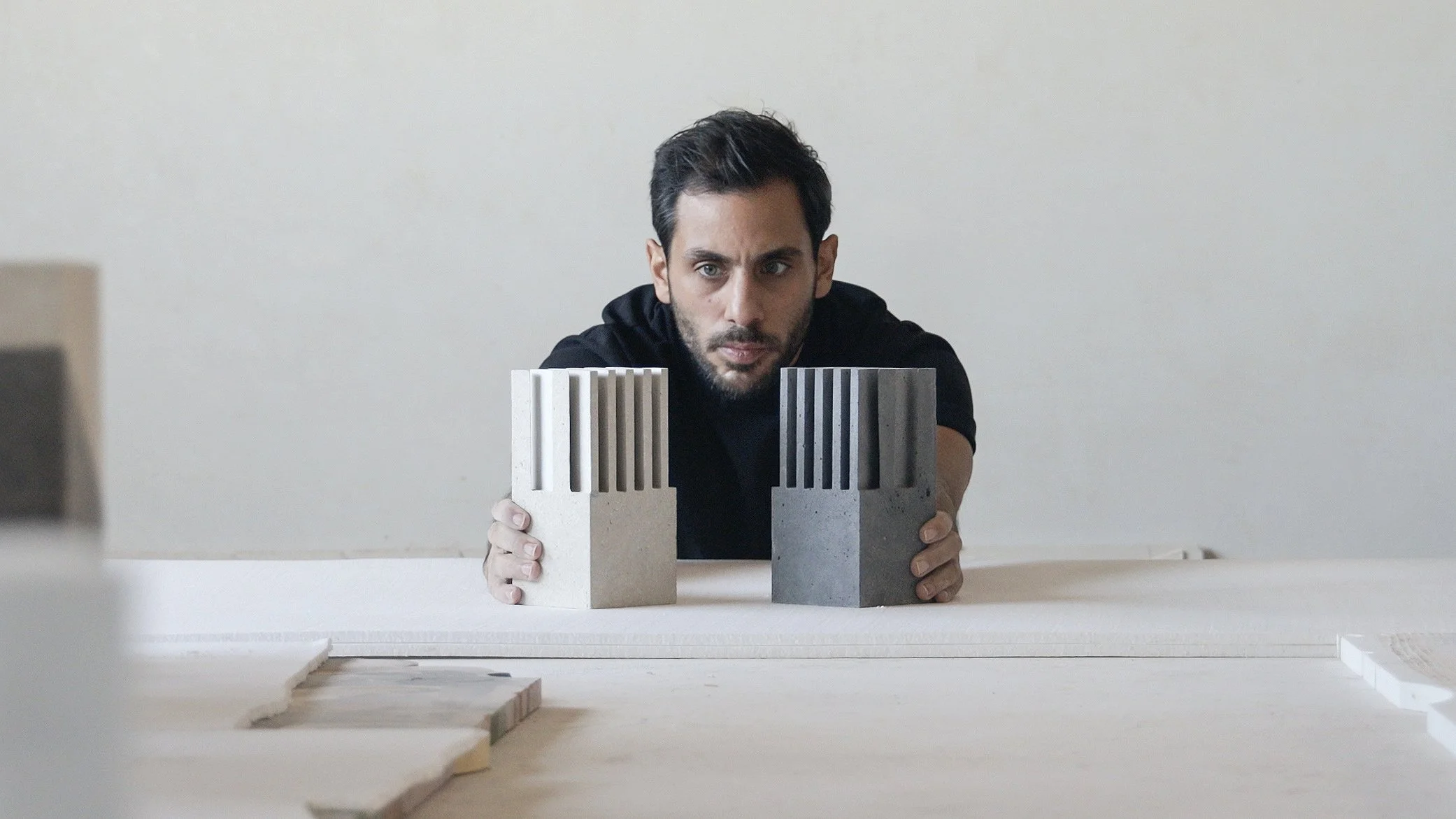 Tarek Elkassouf - Artist with contemporary geometric artworks in limestone and lava stone - Abu Dhabi studio