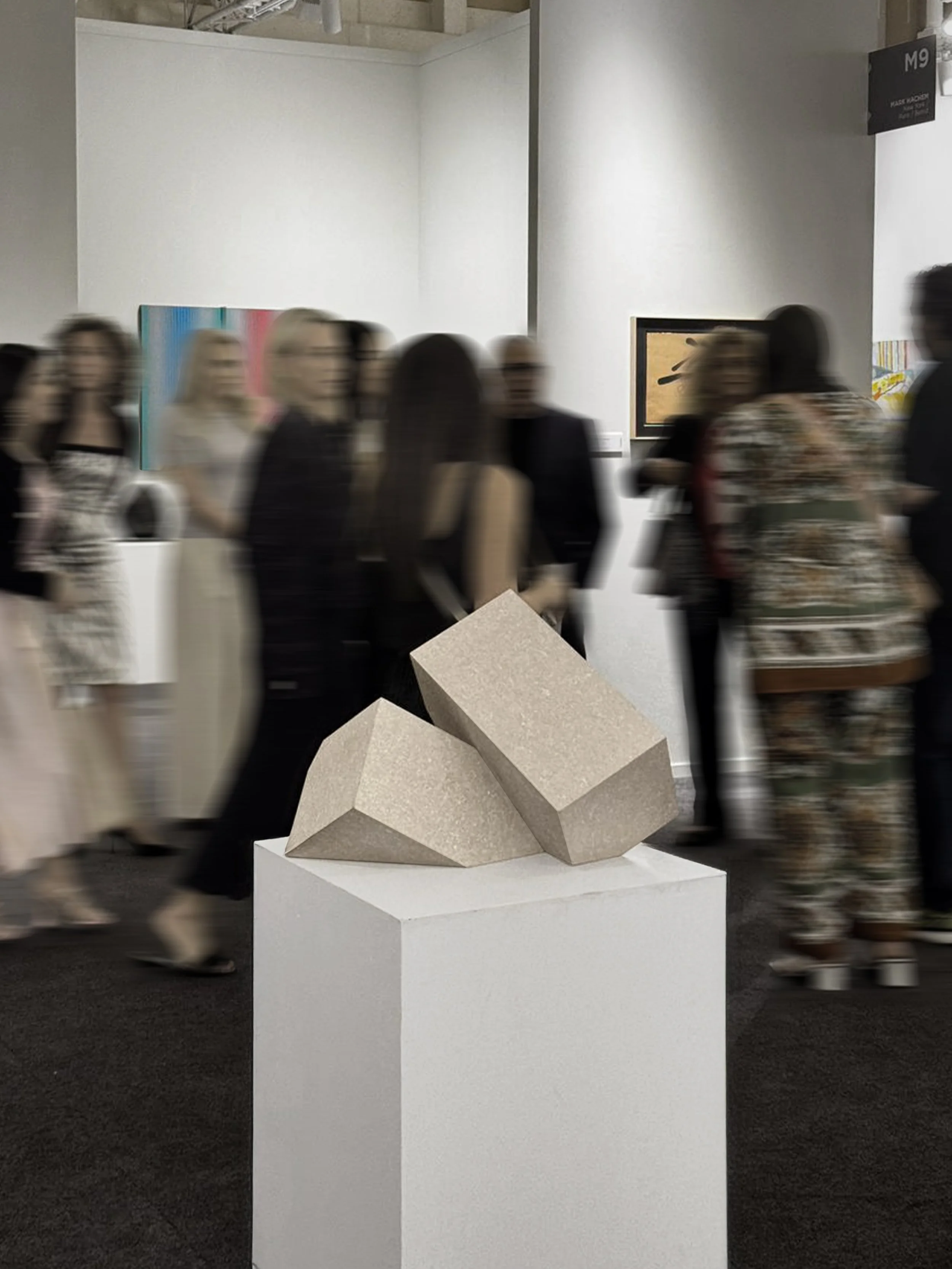 Tarek Elkassouf طارق القاصوف — Attachments exhibition at Art Dubai, UAE. Hand-carved limestone and 22k gold leaf sculptures exploring the tension between holding on and letting go.