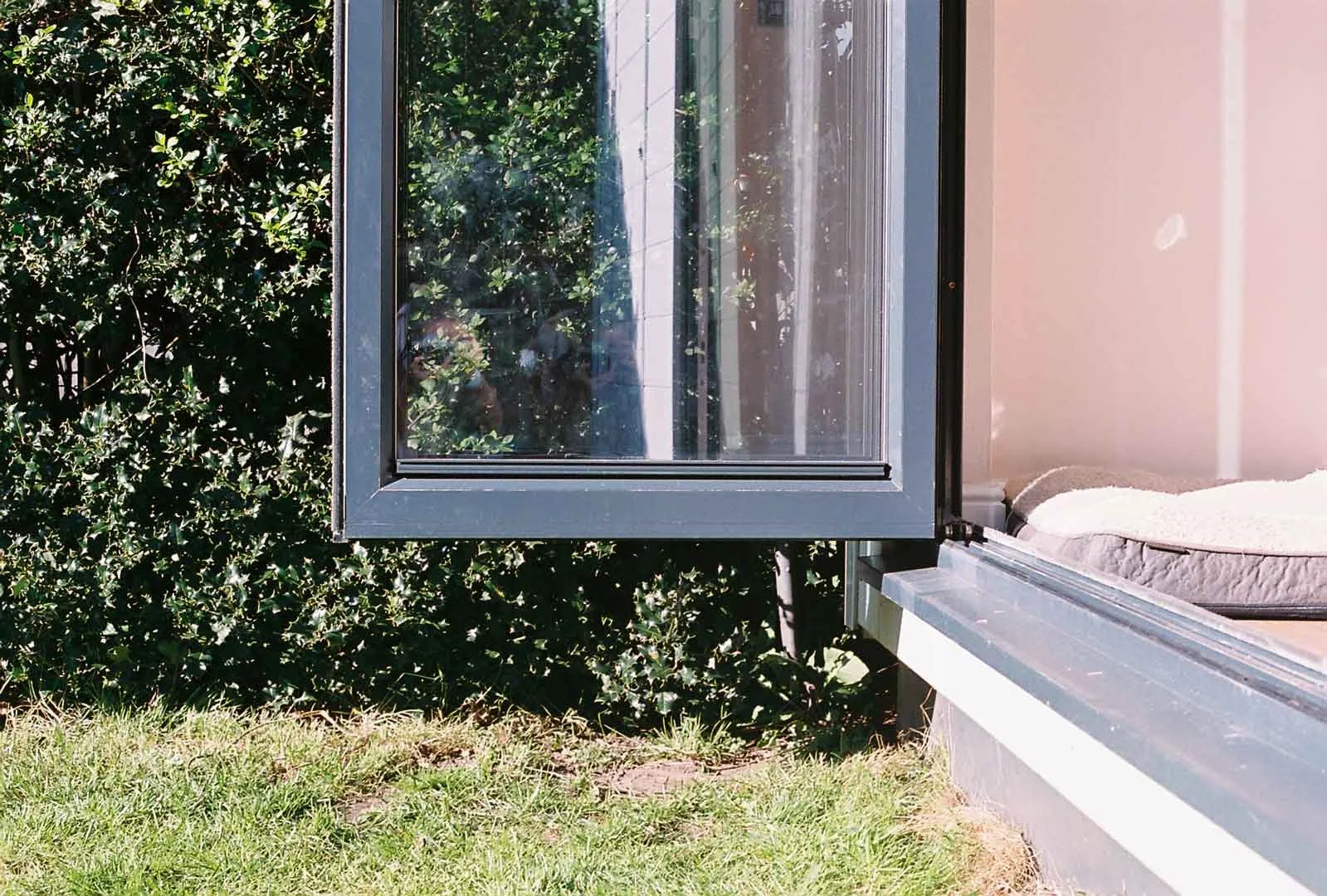 Open bi-fold doors overlooking a garden, with natural light illuminating the interior edge of the frame