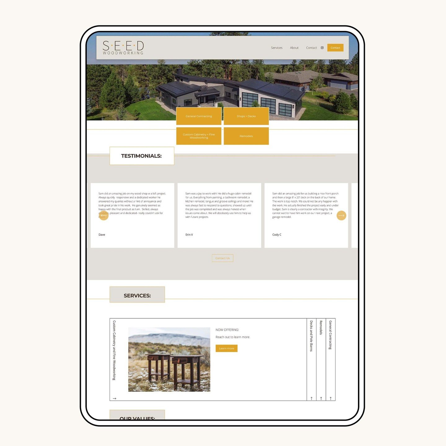 Client Spotlight: @seedwoodworking 

+ Scope of Work: Branding, Web Design, Collateral
+Industry: General Contractor, cabinet builder, custom woodworking
+Style: modern, crisp, clean 
+Objective: Create a brand and website that showcases the high qua