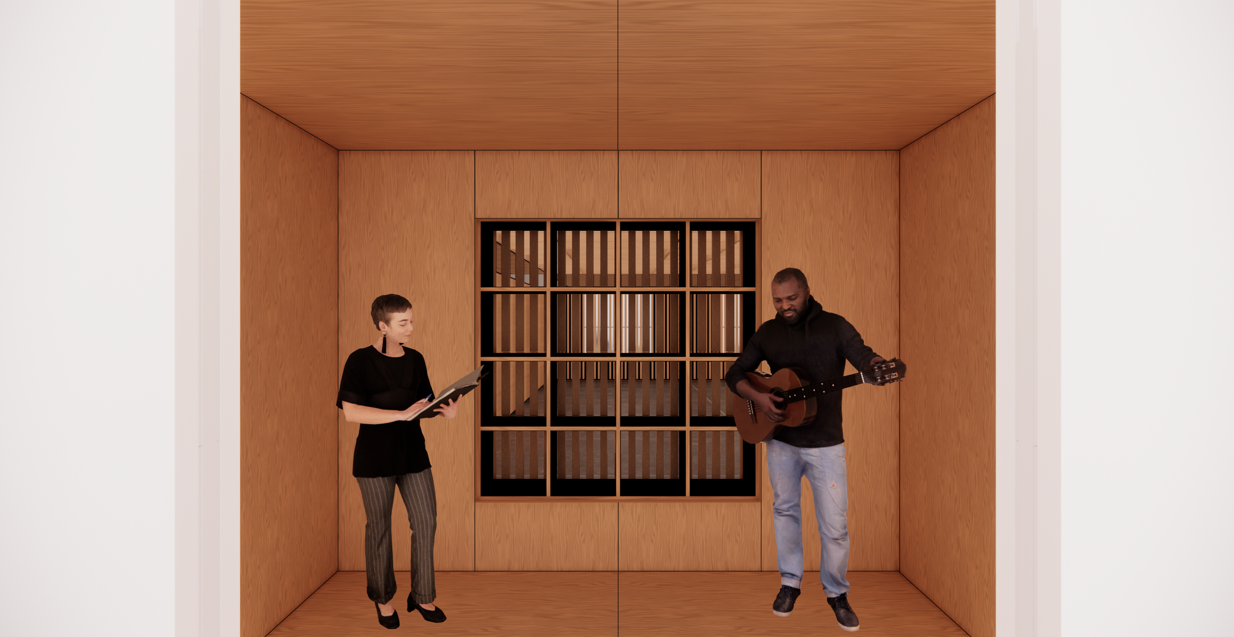 A rendering of a rehearsal space with acoustical panels and visibility to the surrounding areas. These rooms are considered for small groups to be able to meet and rehearse comfortably.