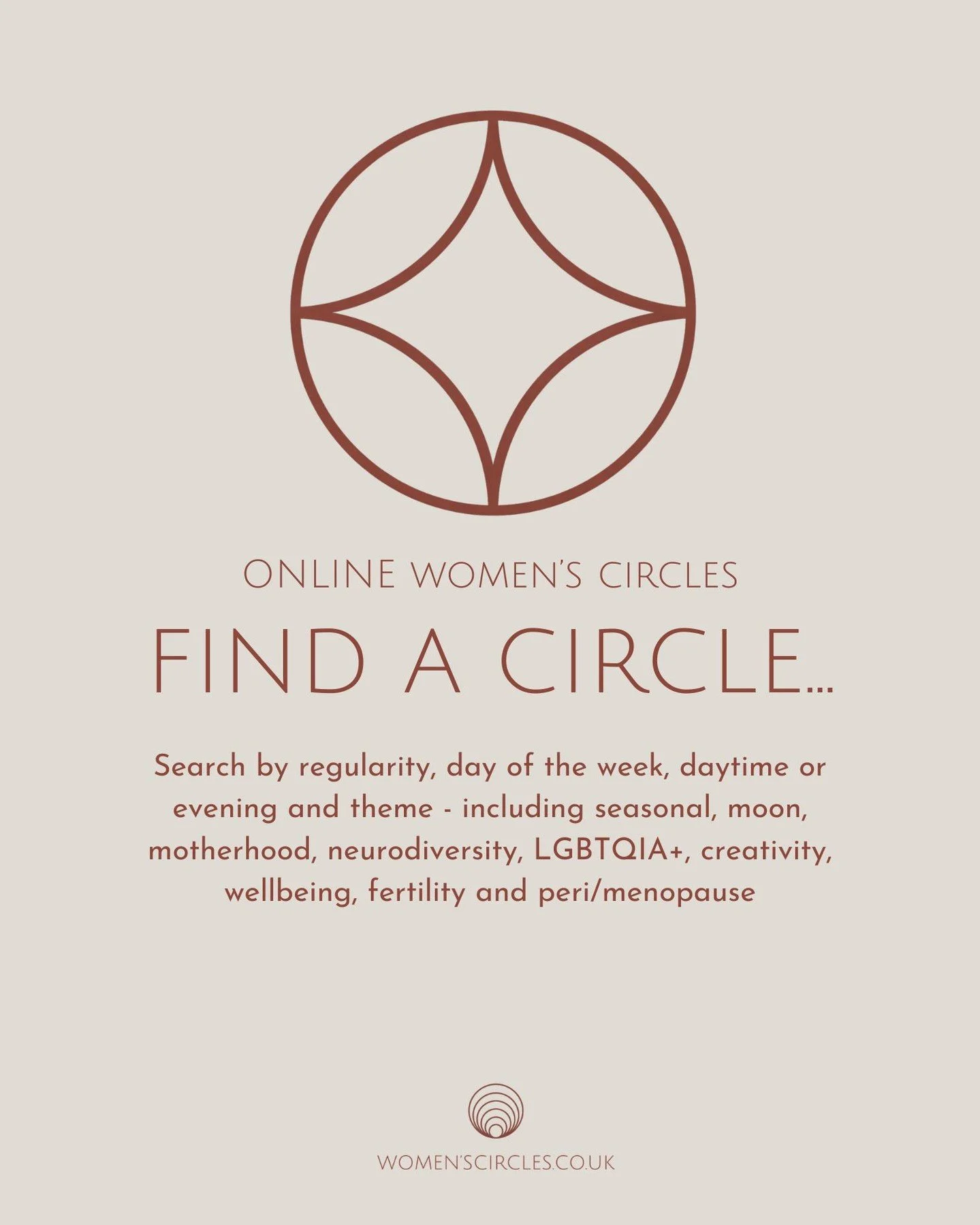 Over 40 online circles listed on our directory - sorted by days of the week, morning, afternoon or evening, and theme - including seasonal &amp; moon, peri/menopause, motherhood/fertility, neurodivergence, grief, somatics, LGBTQIA+, creativity, sobri