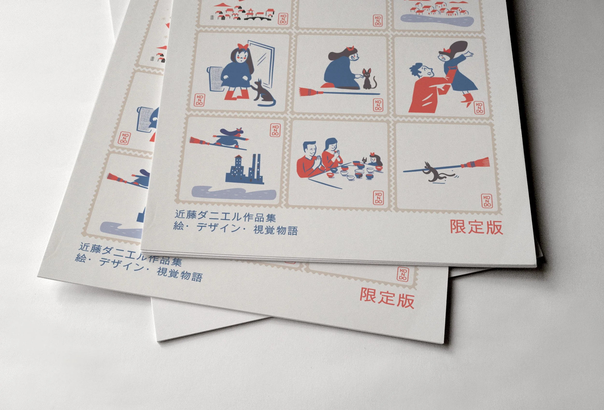 Close-up of Japanese-style postal stamp illustrations from Kiki Stamp Sheet fine art print by Daniel Kondo.