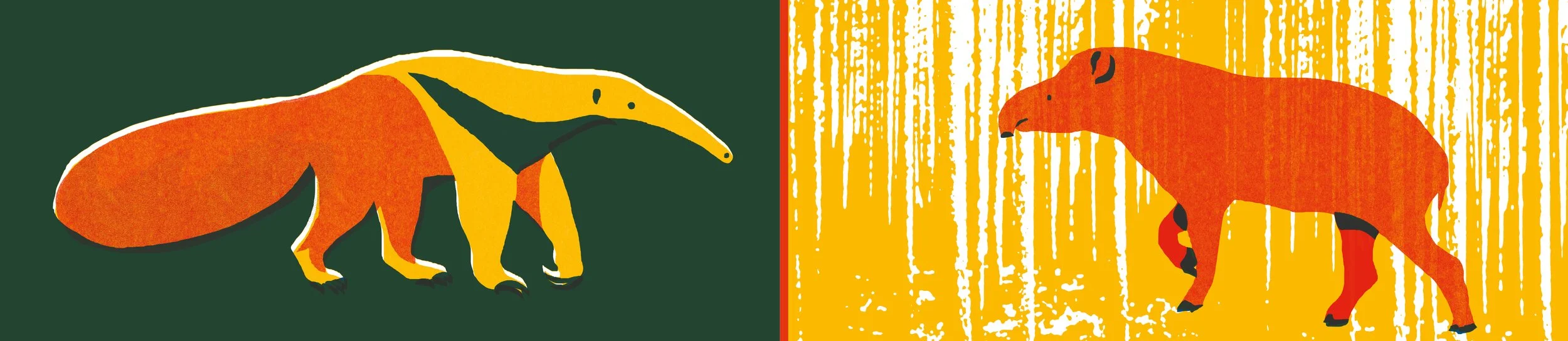 imagem do livro Refloresta, sendo um tamanduá em fundo verde à esquerda e uma anta à direita