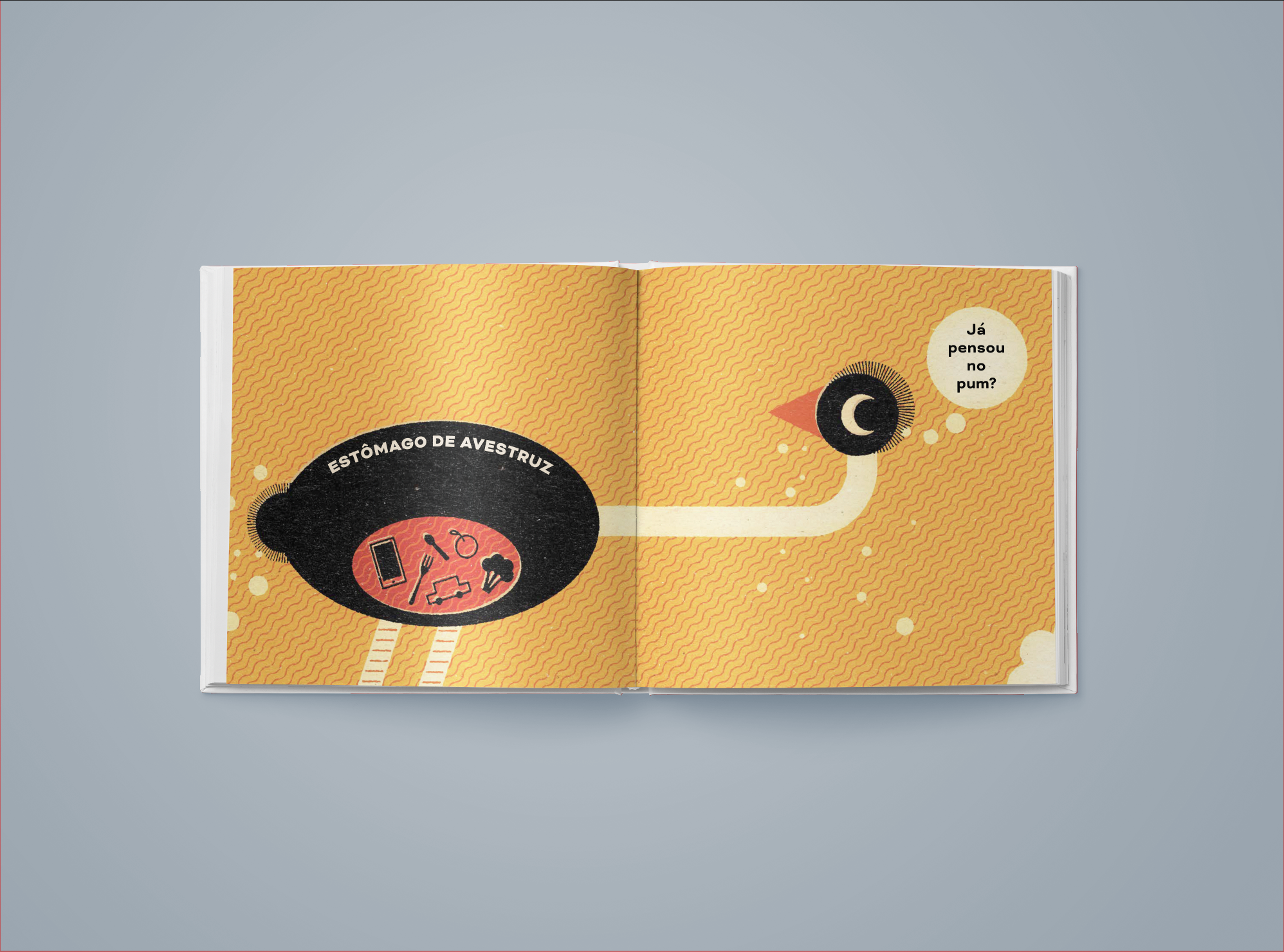 Estômago de avestruz, página dupla ilustrada por Daniel Kondo