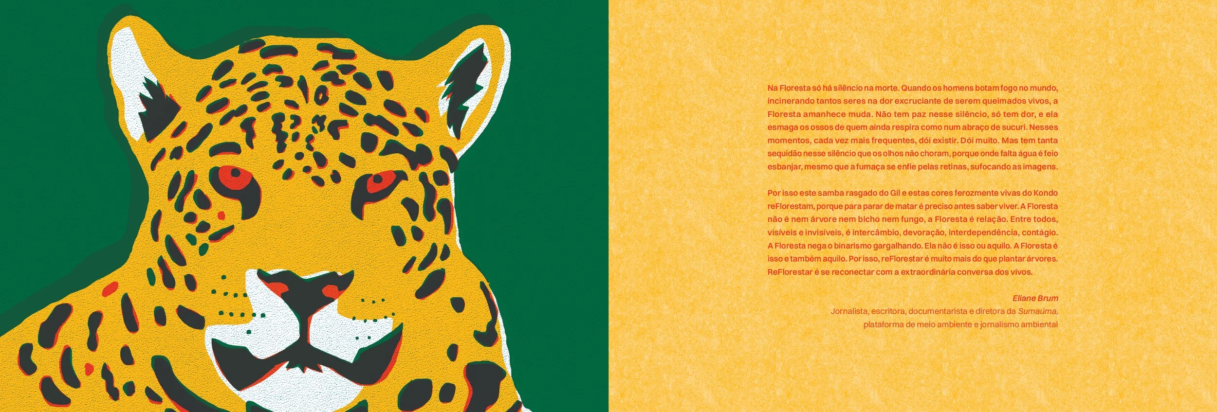 Página dupla do livro Reflroresta, de Gilberto Gil e Daniel Kondo, à esquerda desenho de uma onça e à direita, texto da jornalista Eliane Brum
