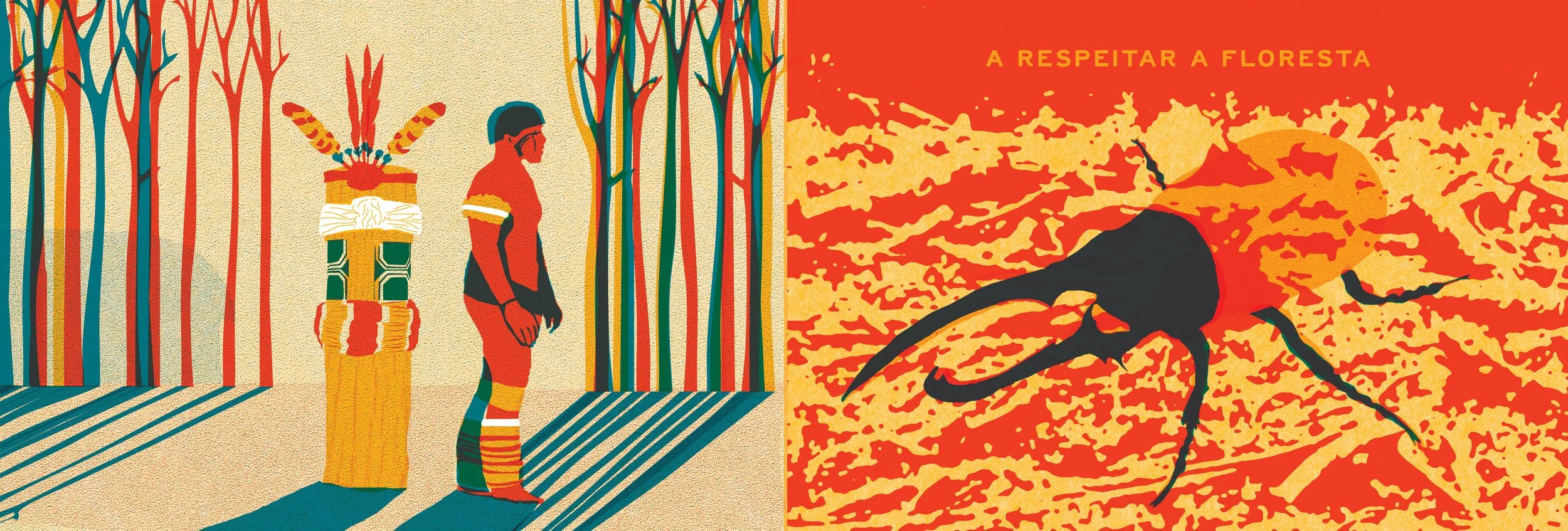 Página dupla do livro Reflroresta, de Gilberto Gil e Daniel Kondo, à esquerda desenho de uma kuarup e um índio, e à direita, um besouro em tons de vermelho