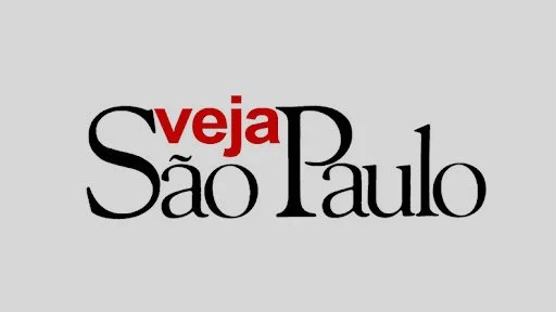 Texto com a frase "Veja São Paulo" em cores preto, vermelho e branco.