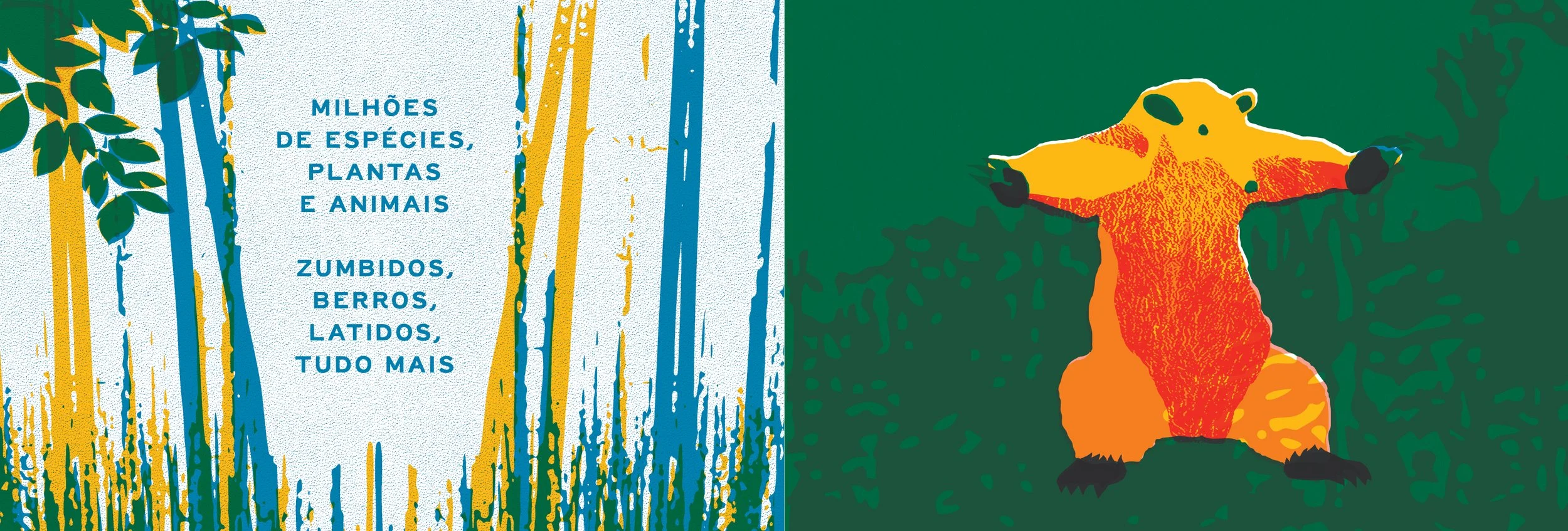 Página dupla do livro Reflroresta, de Gilberto Gil e Daniel Kondo, à esquerda desenho de uma mata, e à direita, um tamanduá em pé