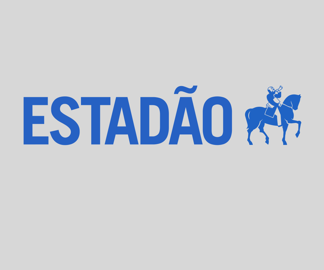 Logo do Estado com a palavra 'ESTADÃO' em letras azuis e um desenho de cavaleiro em uma cavalo à direita