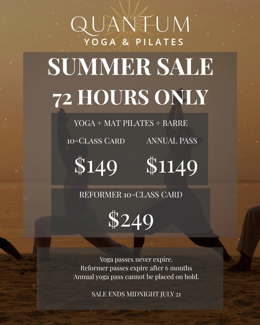 🔥 72-Hour Summer Flash Sale is LIVE! 🔥⁠
⁠
Three ways to level-up your practice&mdash;pick your vibe, grab your pass, feel the glow:⁠
⁠
1️⃣ Yoga &bull; Mat Pilates &bull; Barre⁠
▫️ 10-Class Card $149 (never expires)⁠
▫️ Annual Unlimited $1,149 (best