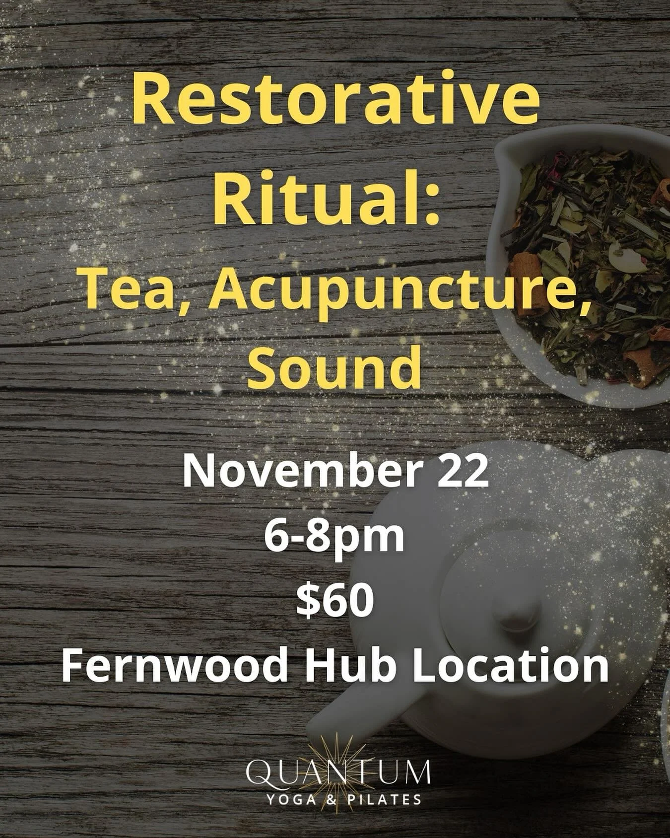 Snuggle in to a field of stillness and subtle healing. Begin with a plant medicine tea ceremony to ground the body and open the senses. Then surrender into yin rest, supported by acupuncture, sound, and gentle touch — an experience of deep rest