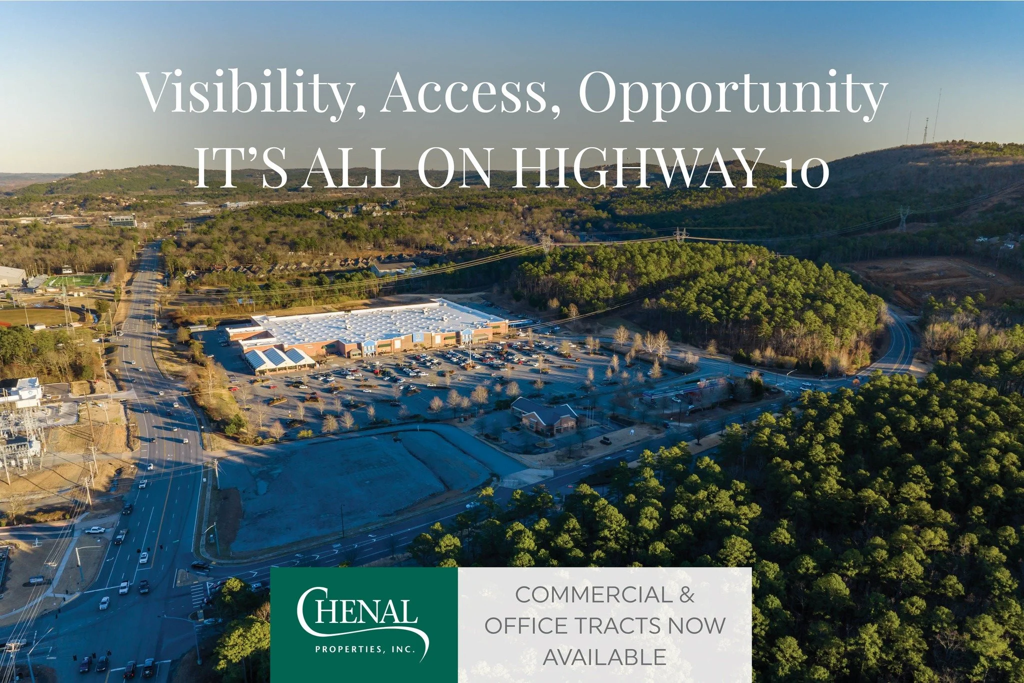 Highway 10 is one of West Little Rock&rsquo;s fastest-growing corridors&mdash;and Chenal Properties offers prime tracts ready for commercial development. Excellent traffic exposure, flexibility, and visibility mean your business will stand out. Explo