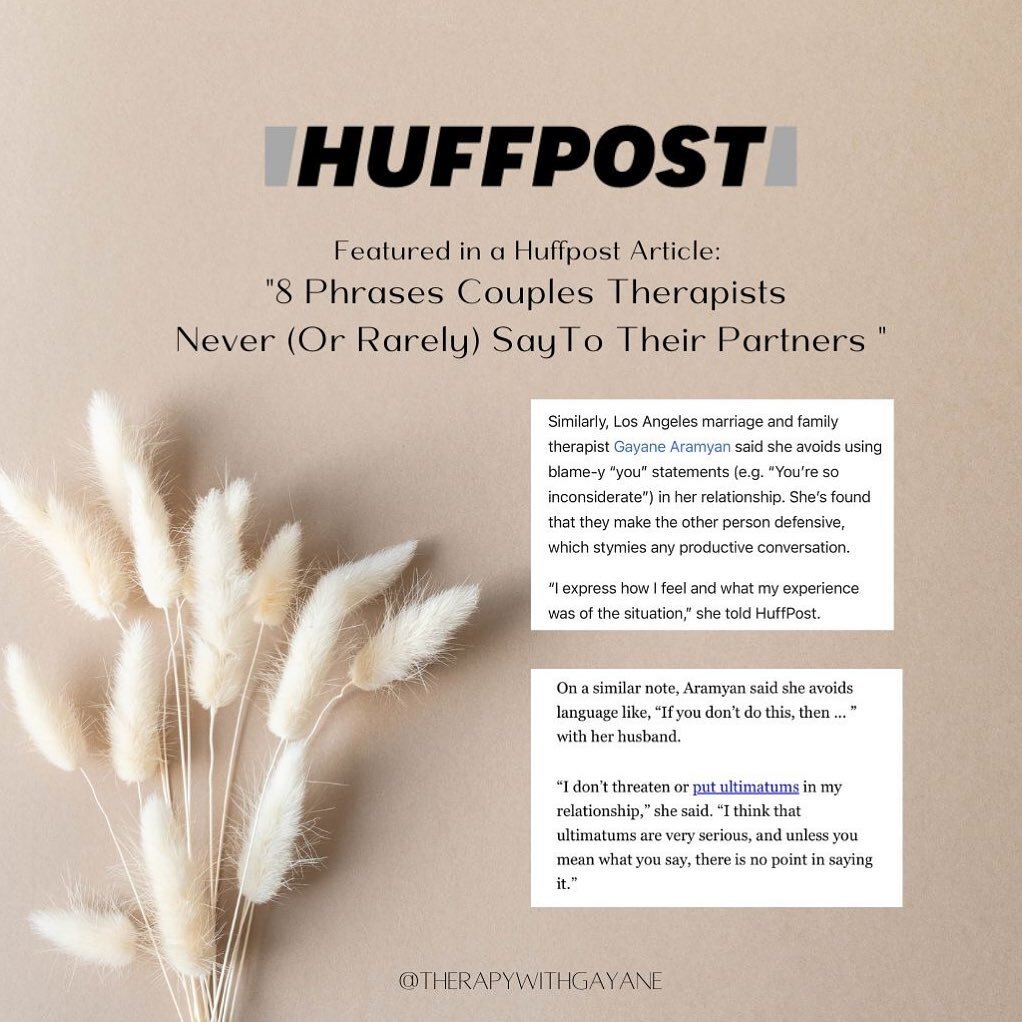 Featured in another article for @huffpost! I was asked to share phrases I stay away from saying in my own relationship when things get tough. No relationship is perfect, not even a therapist's, but there are definitely tools that we can all use to ha