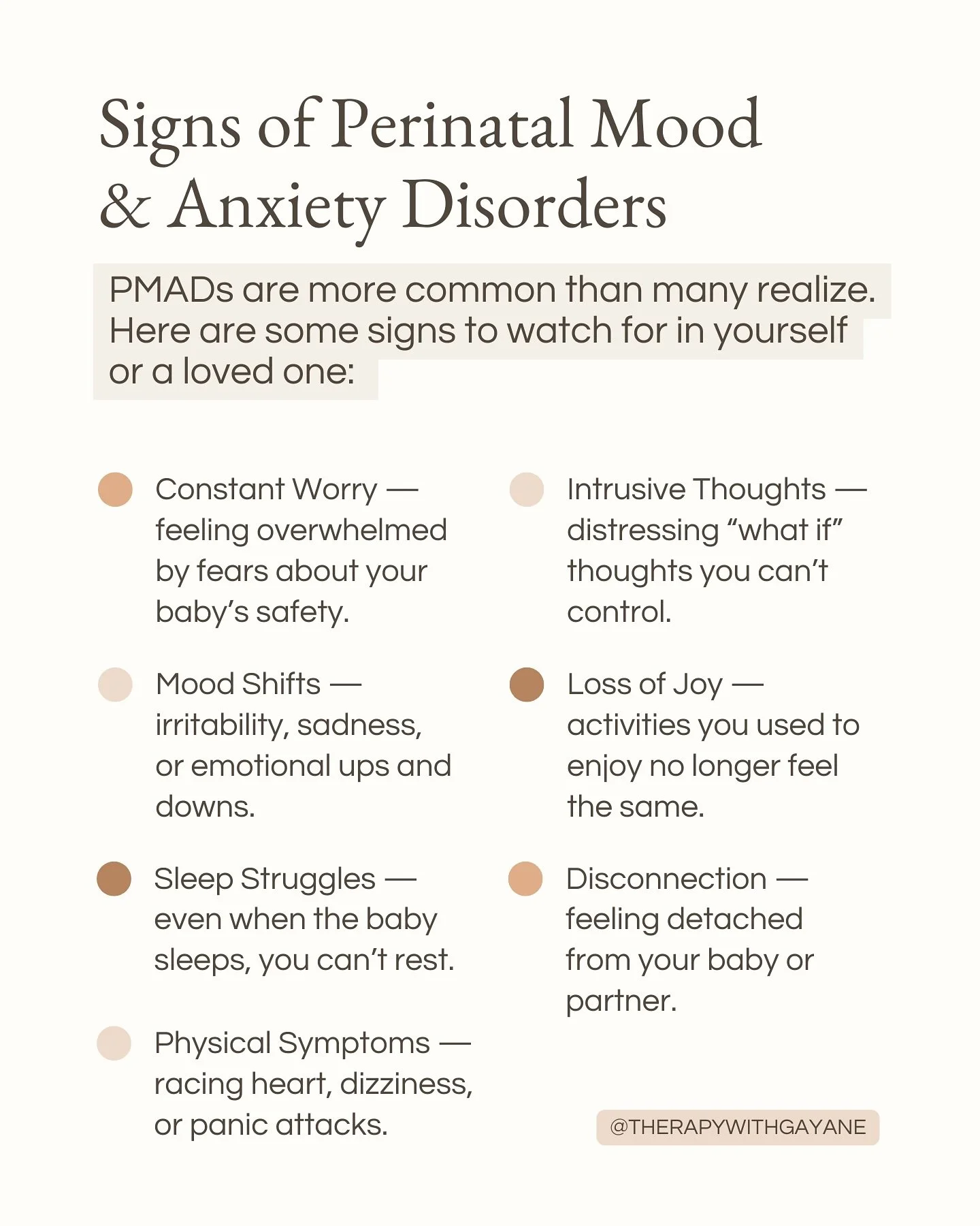 Sometimes postpartum doesn&rsquo;t look like we imagined. 🤎

It can look like constant worry, racing thoughts, trouble sleeping, or even feeling restless and on edge. These are real signs of postpartum anxiety and mood disorders, and you are not alo
