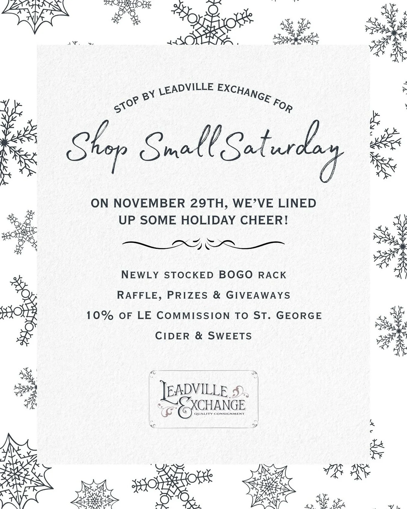 ✨ Shop Small Saturday at Leadville Exchange: November 29th! ✨

In this time of uncertainty with economic challenges and reduced SNAP benefits, we want to remain thoughtful, supportive, and community-minded. 

Please know you&rsquo;re welcome to simpl