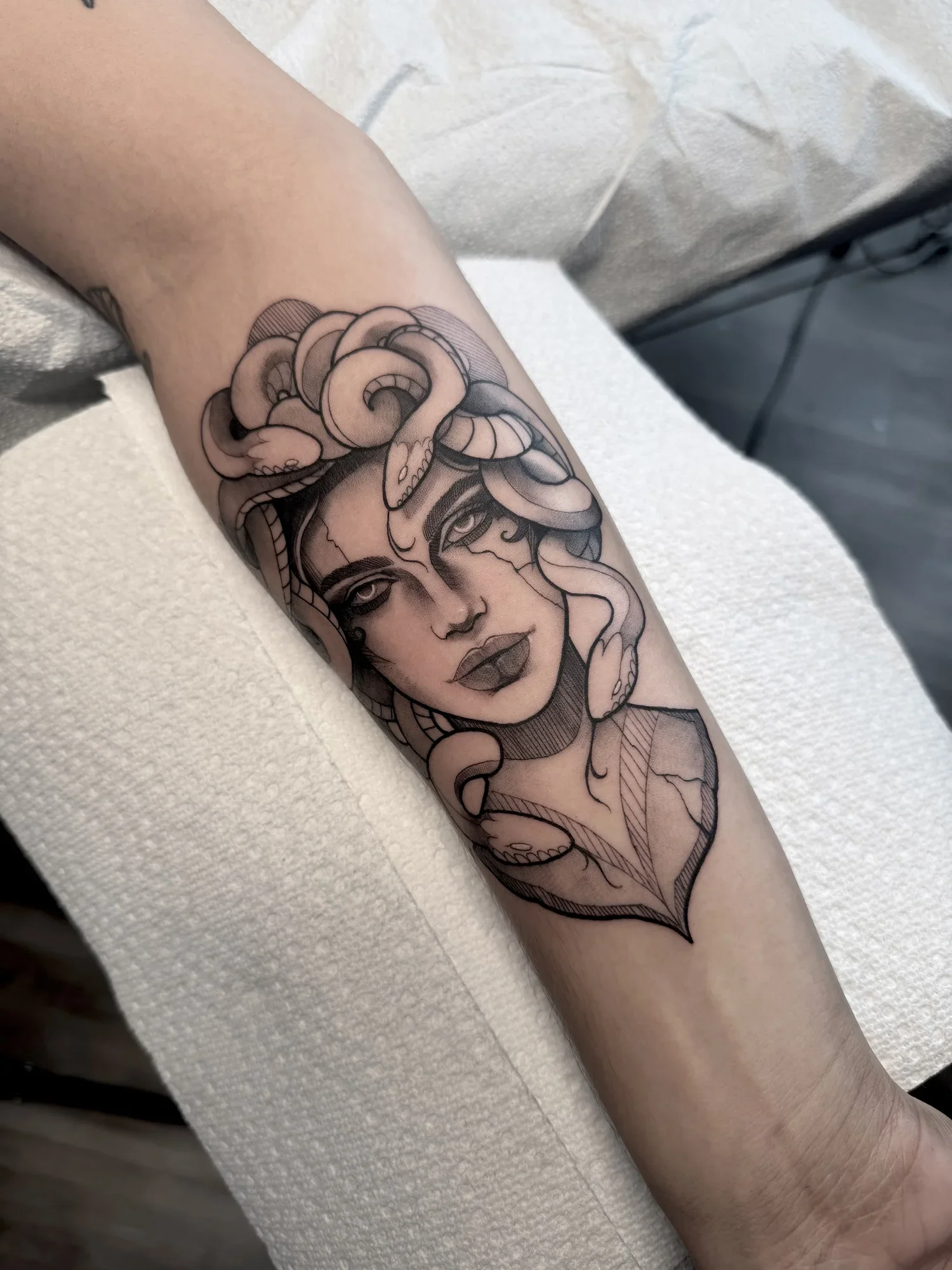 Medusa , forearm · 1 session · [blackwork] [Handsized]