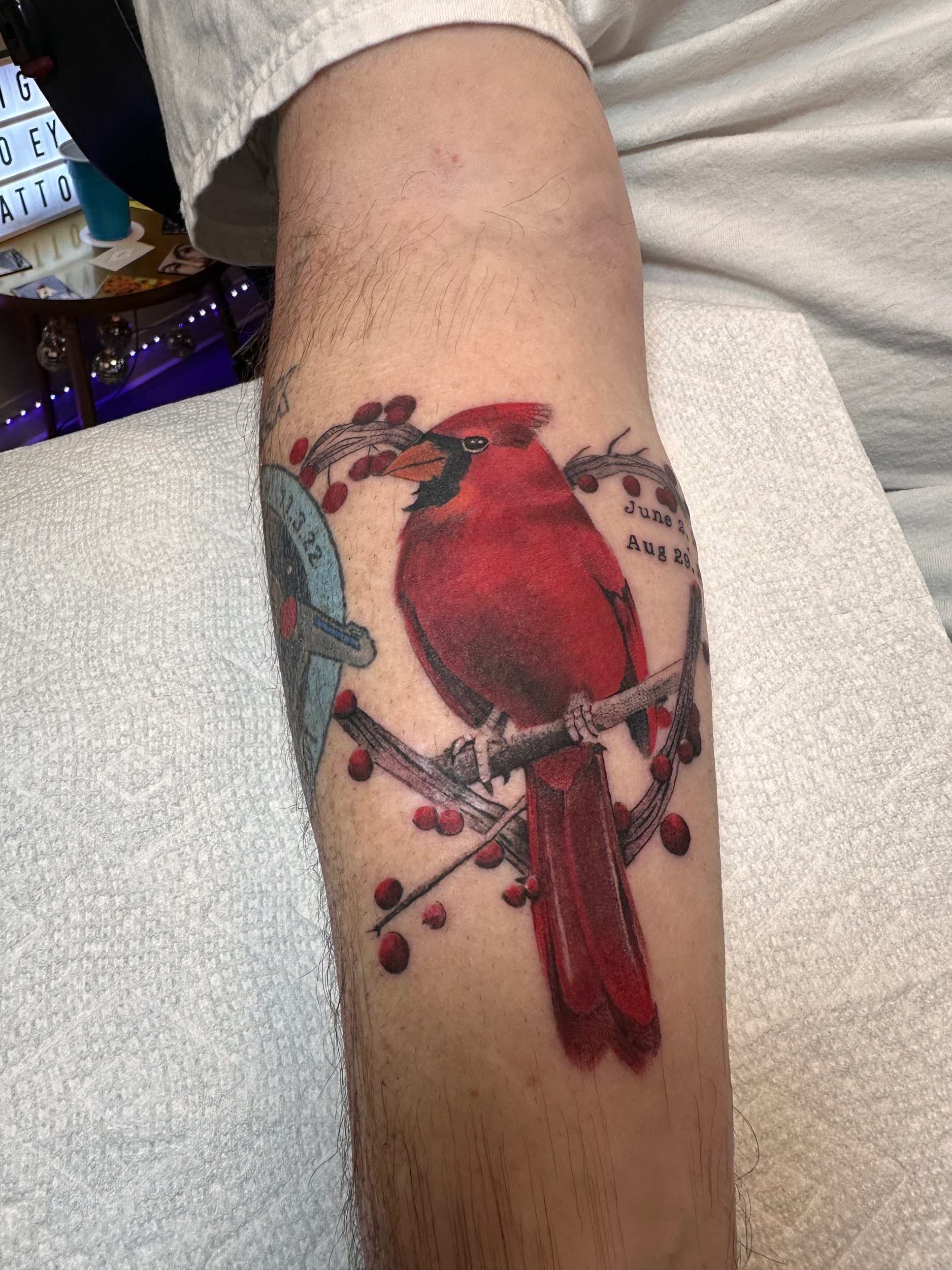 Tattoo of a red cardinal perched on a branch with berries, featuring personalized text and dates on a person's arm.