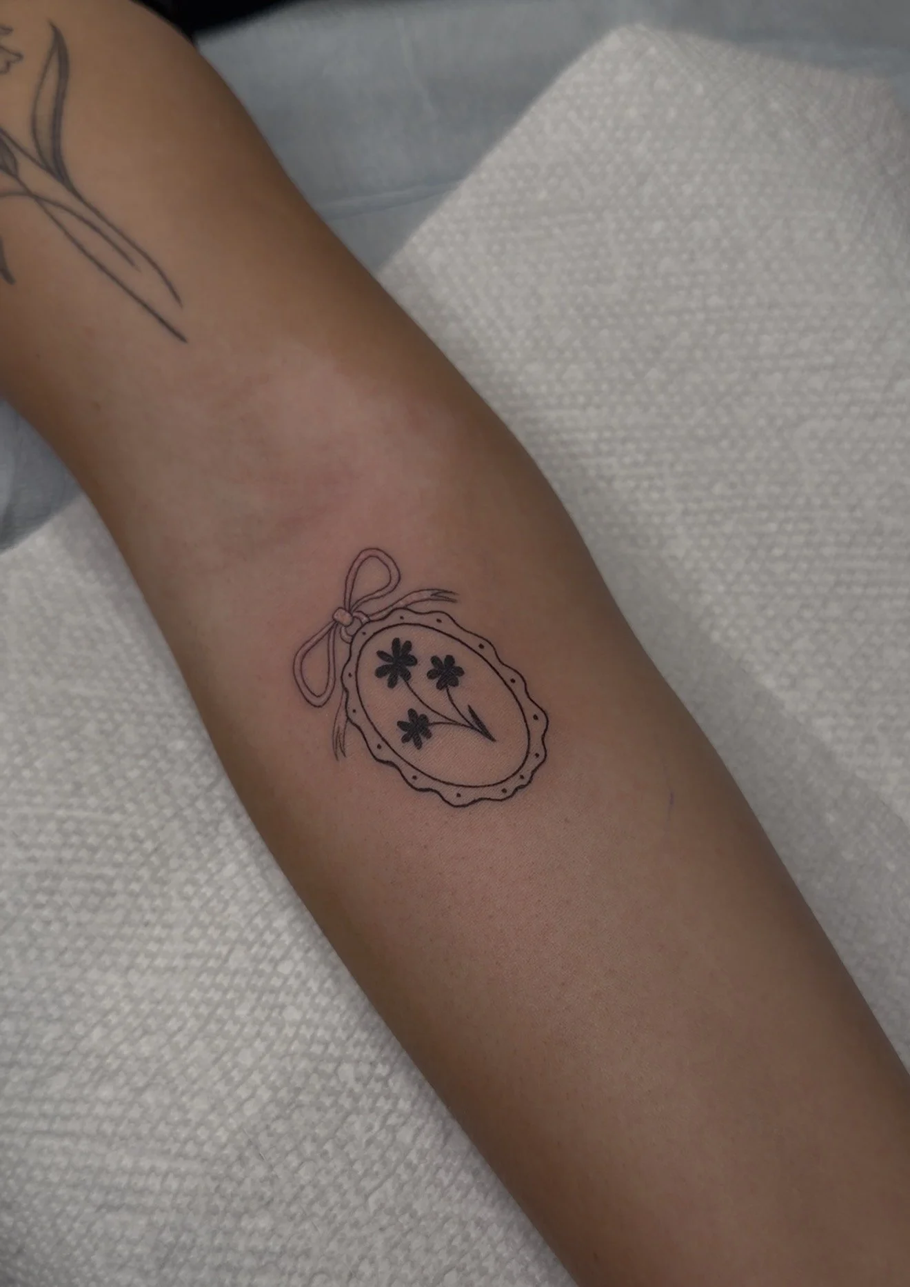 framed florals , forearm · 1 session · [fineline] [small]