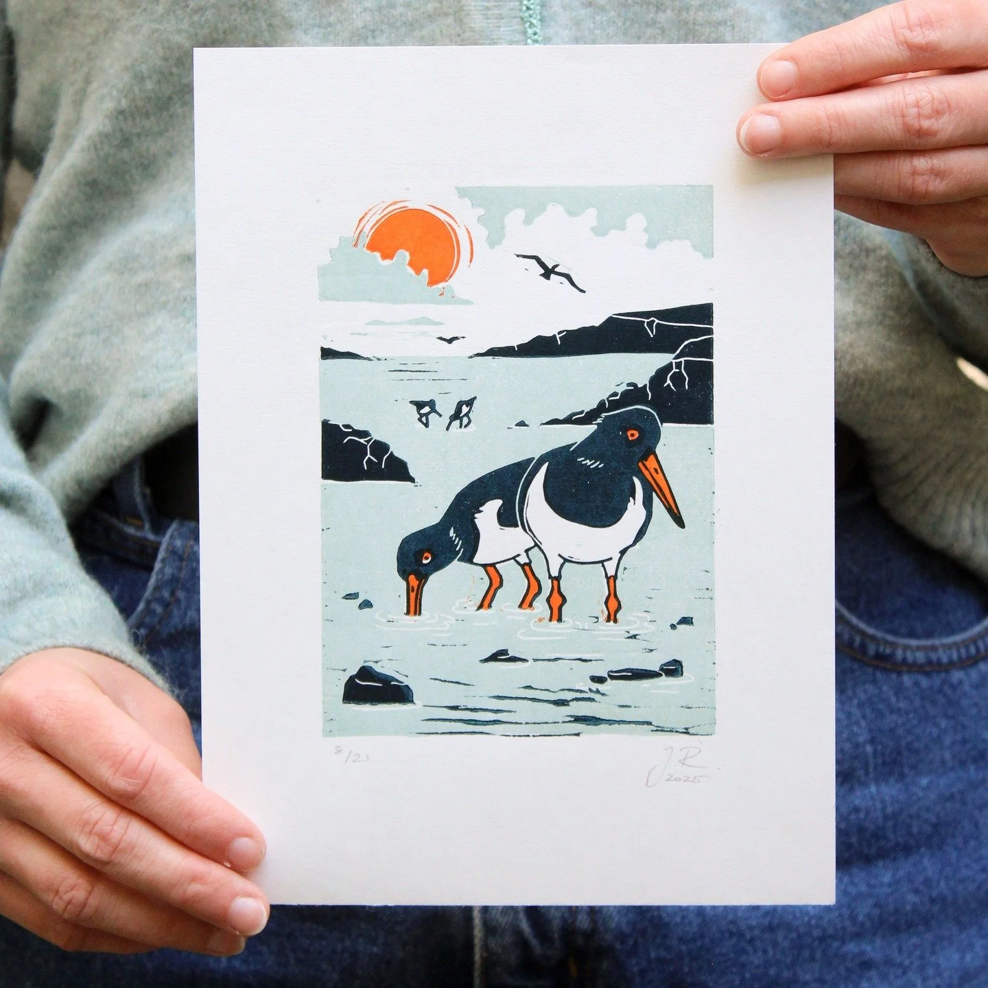 I made this three coloured linocut print of two oystercatchers a while a go. It is a limited edition and part of a three print collection of Irish sea birds. I love how the bright red pops out. The design is also available as card in case you want to