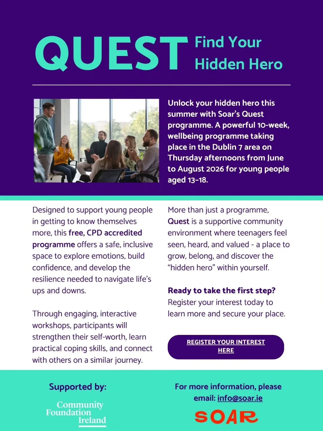 ⚡Calling all 13-18 year olds!!⚡This summer, something POWERFUL is waiting for you!

Running June - August, SOAR's Quest Programme is an inclusive space for 13&ndash;18 year olds to:

🌟 Share stories 
🌟 Build up real confidence
🌟 Connect with yours