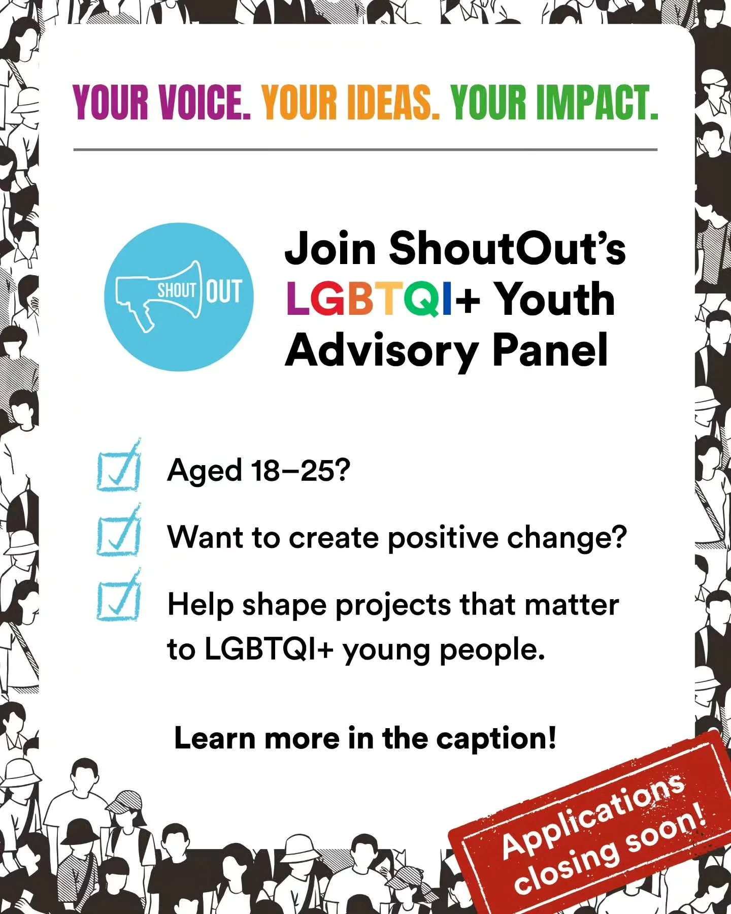 🚨 Don't miss out! Applications are closing soon. Join our friends at ShoutOut&rsquo;s youth advisory panel! 🚨

Join @shoutout_ire Youth Advisory Panel and make a difference for LGBTQI+ youth in Ireland! 🏳️&zwj;🌈

This is your opportunity to let y