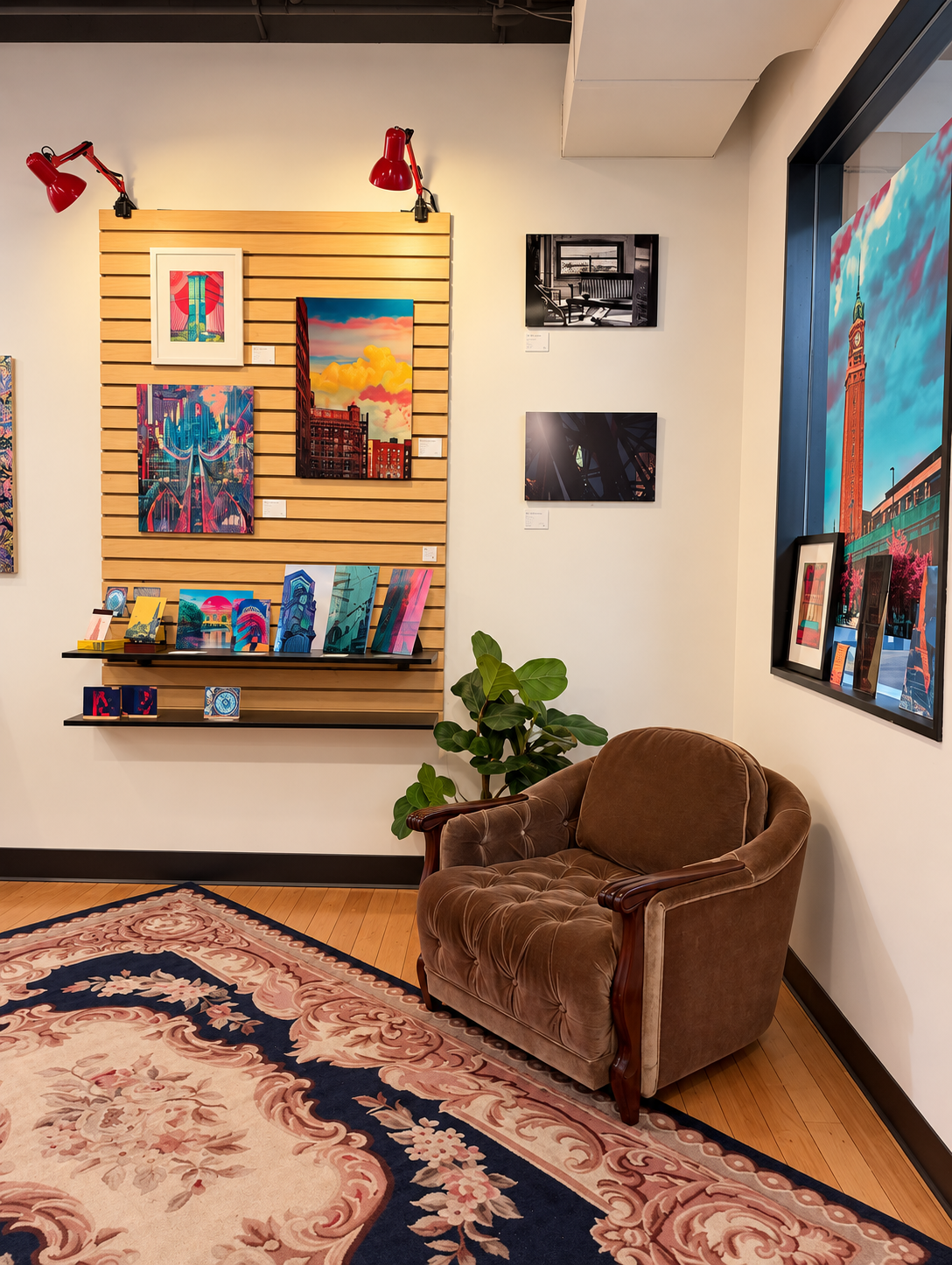 A quieter corner of the gallery, combining original work, smaller editions, and furniture chosen to make the space feel lived in rather than institutional.