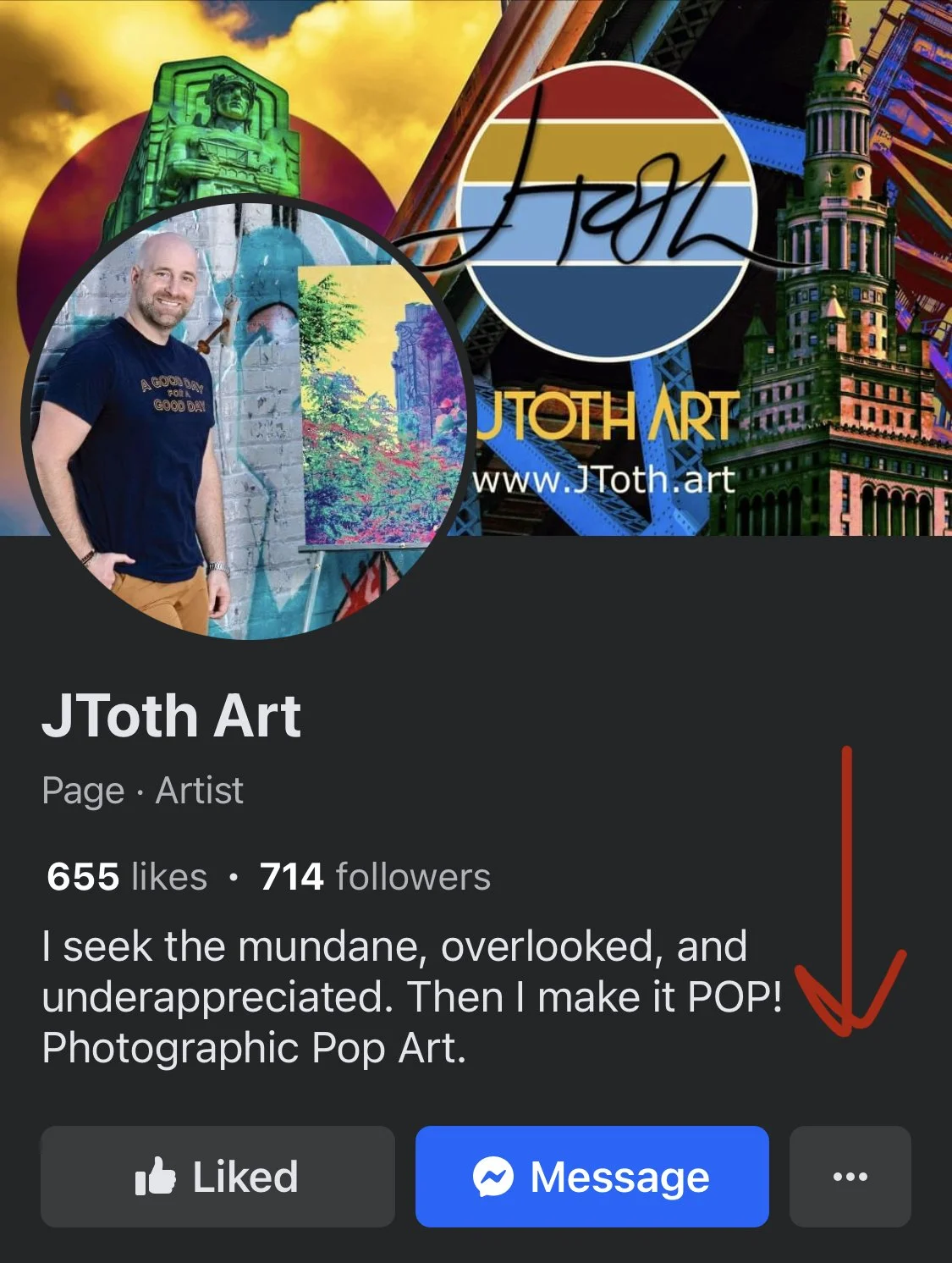 Screenshot of JTotth Art Facebook profile with a profile picture of a smiling man in a black t-shirt and brown pants, and a cover photo featuring colorful artwork, a Ferris wheel, and New York City icons.