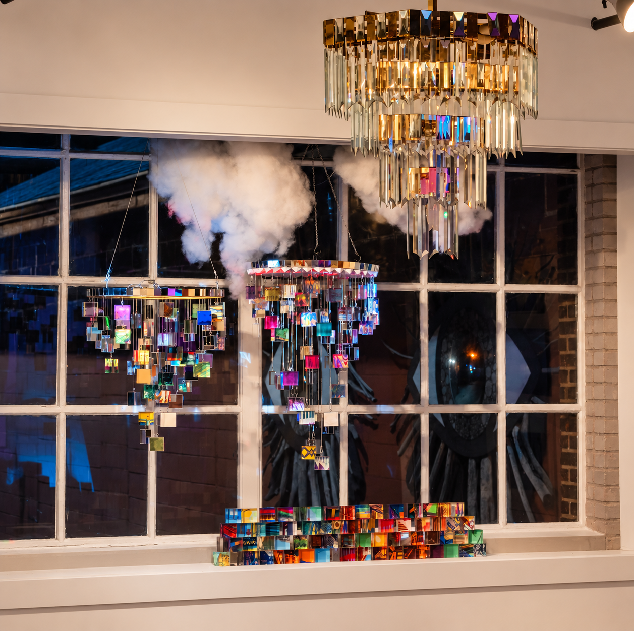 Suspended photographic sculptures transform individual images into objects that respond to light, movement, and the surrounding space.