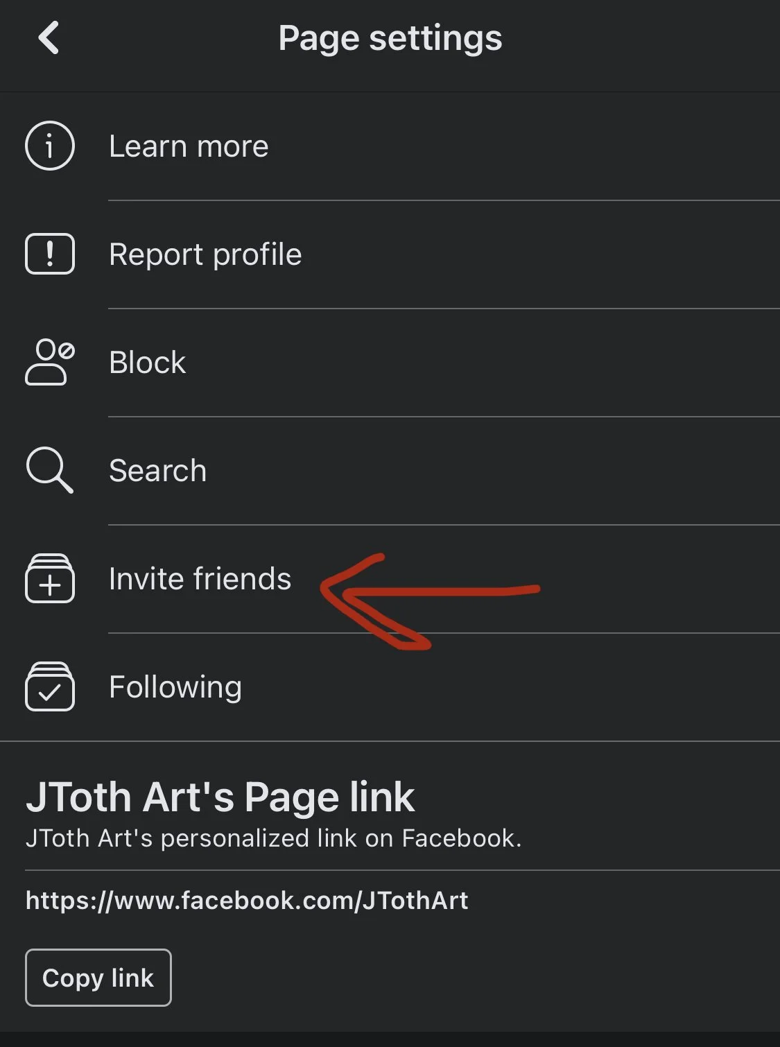 Facebook page settings menu showing options such as Learn more, Report profile, Block, Search, Invite friends, Following, and a link to JTot Art's Facebook page.