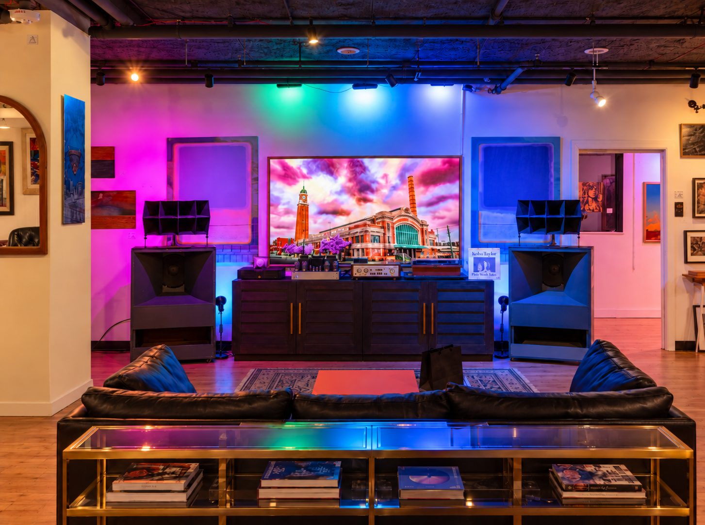 The main gallery, where artwork, high-fidelity sound, digital imagery, and programmable lighting share the same environment.