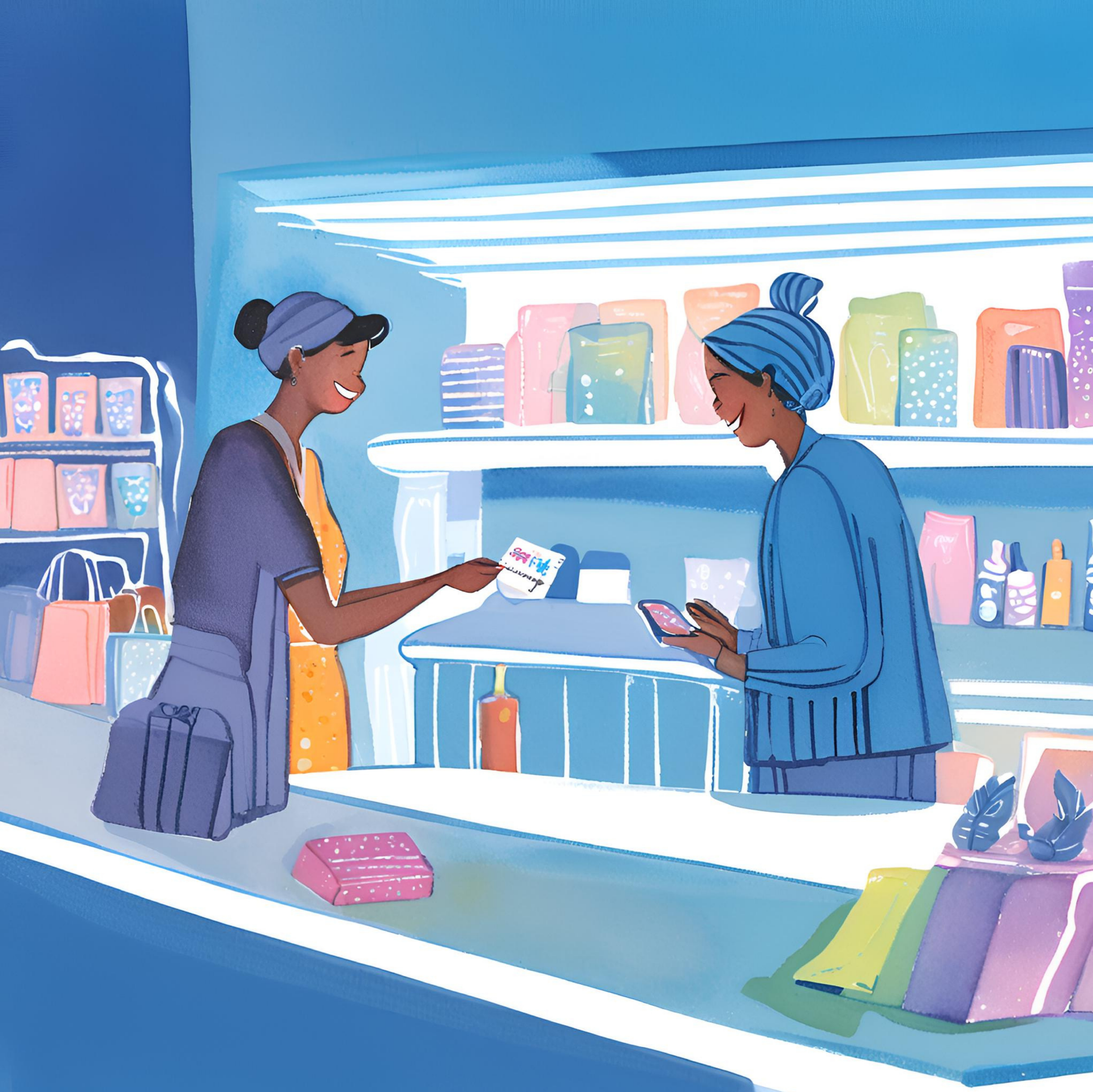Two women at a retail store checkout counter, one is paying with a credit card while the cashier is scanning a phone, surrounded by colorful merchandise and shelves.