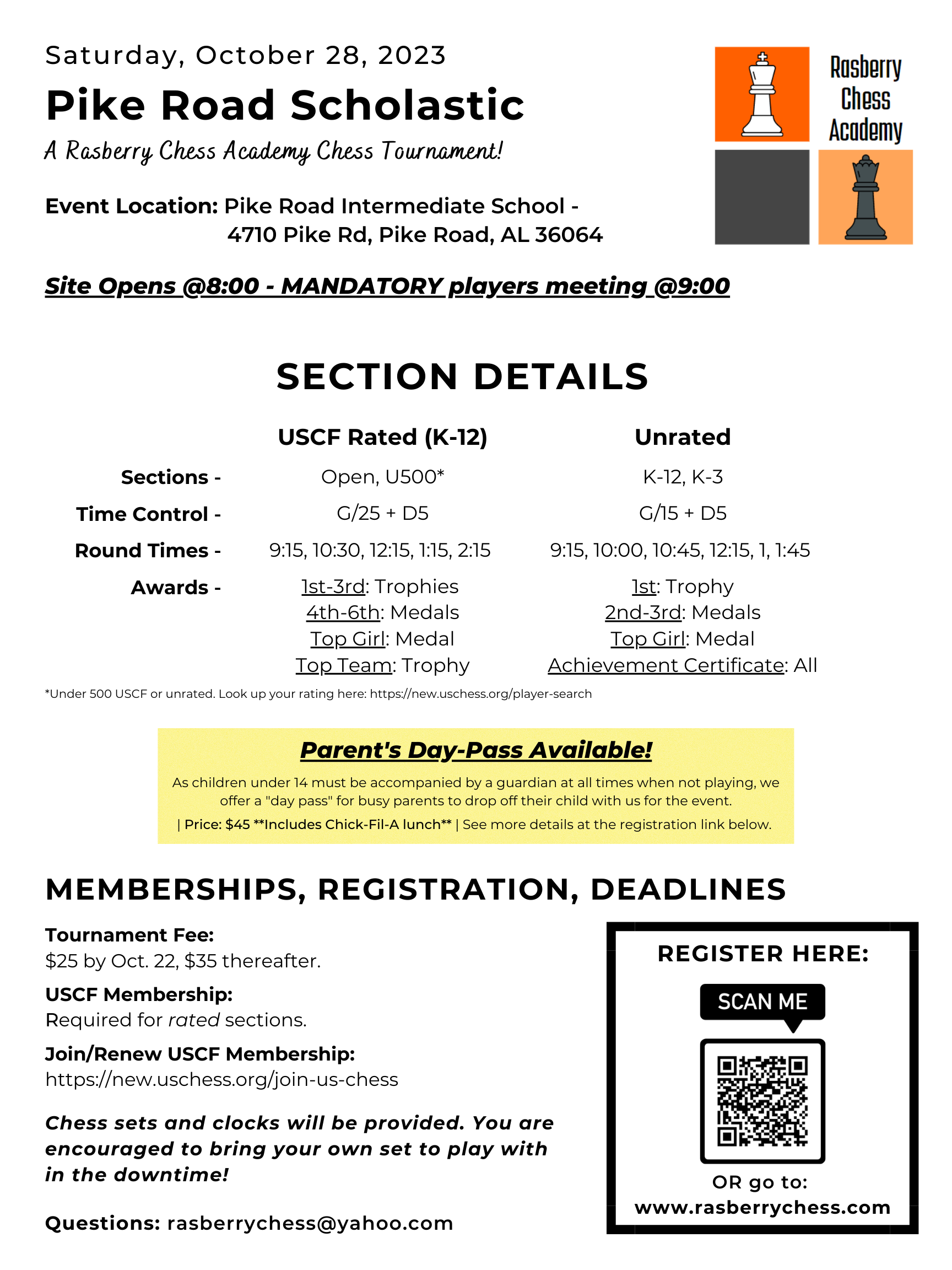 Scholastic and Open Chess Tournament, Calendar