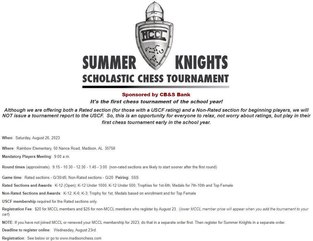 Alabama Chess Tournaments | Summer Knights — Rasberry Chess Academy