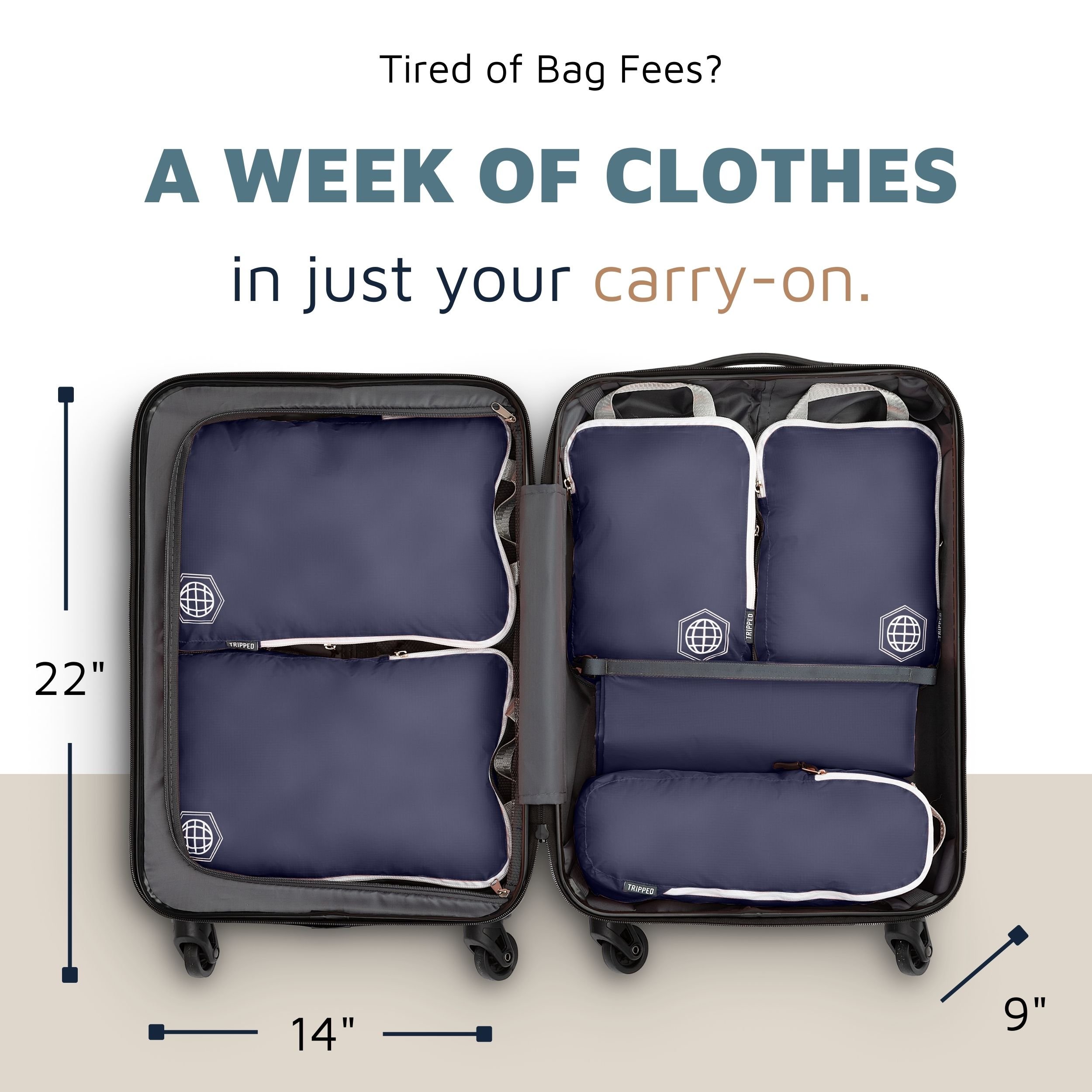pack a week of clothes in carry on suitcase packing cubes navy.jpg