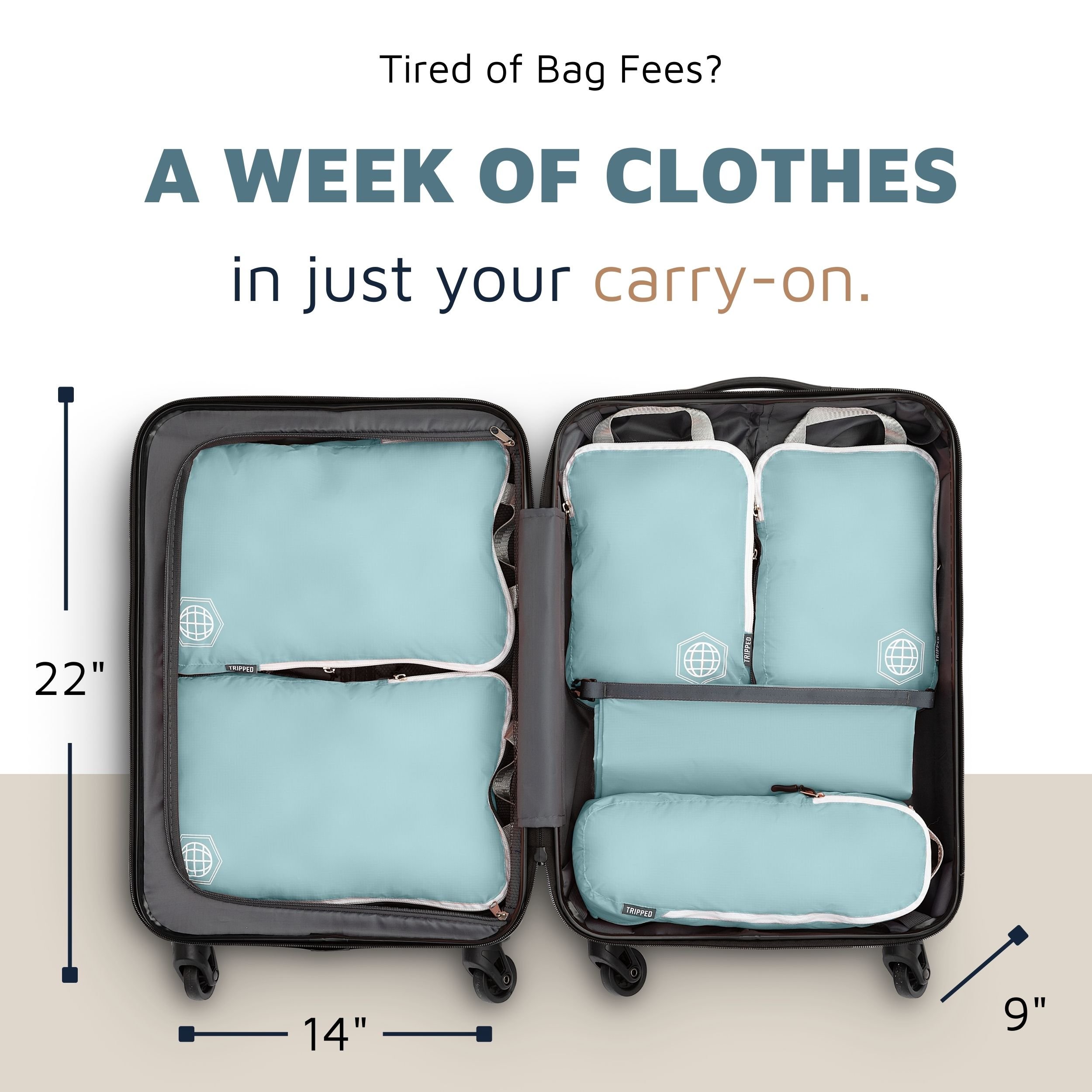 packing cubes for standard carry on size luggage teal.jpg