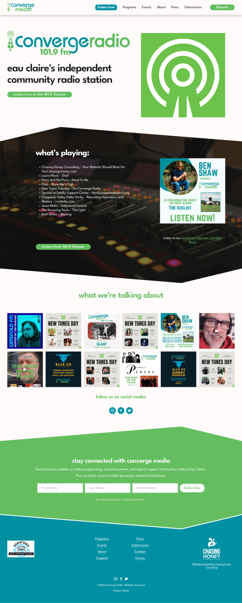 Converge Media Squarespace website homepage after reskin