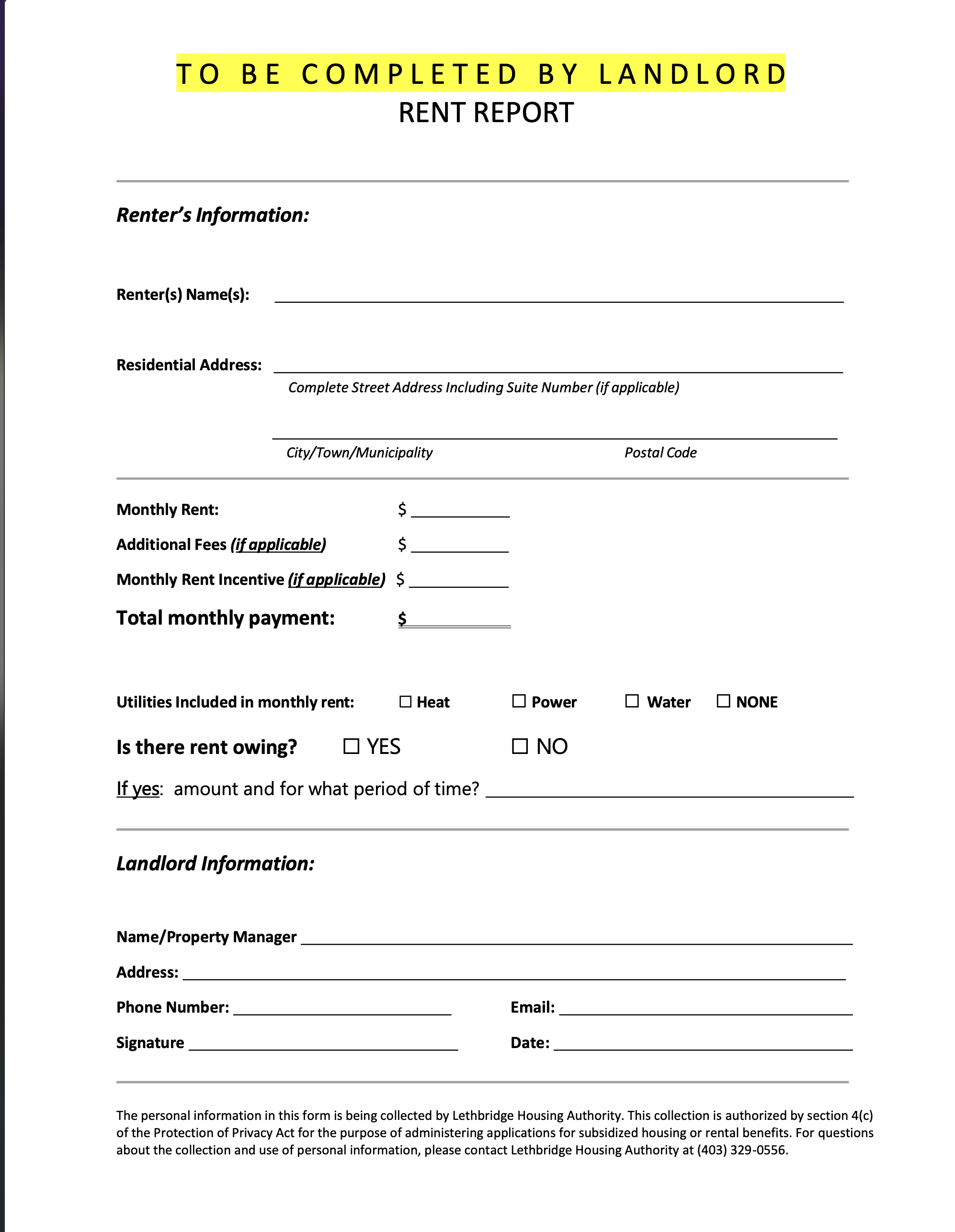 Blank landlord rent report form with sections for renter and landlord information, monthly rent, additional fees, utilities, and rent owed, with the title 'TO BE COMPLETED BY LANDLORD' highlighted in yellow.