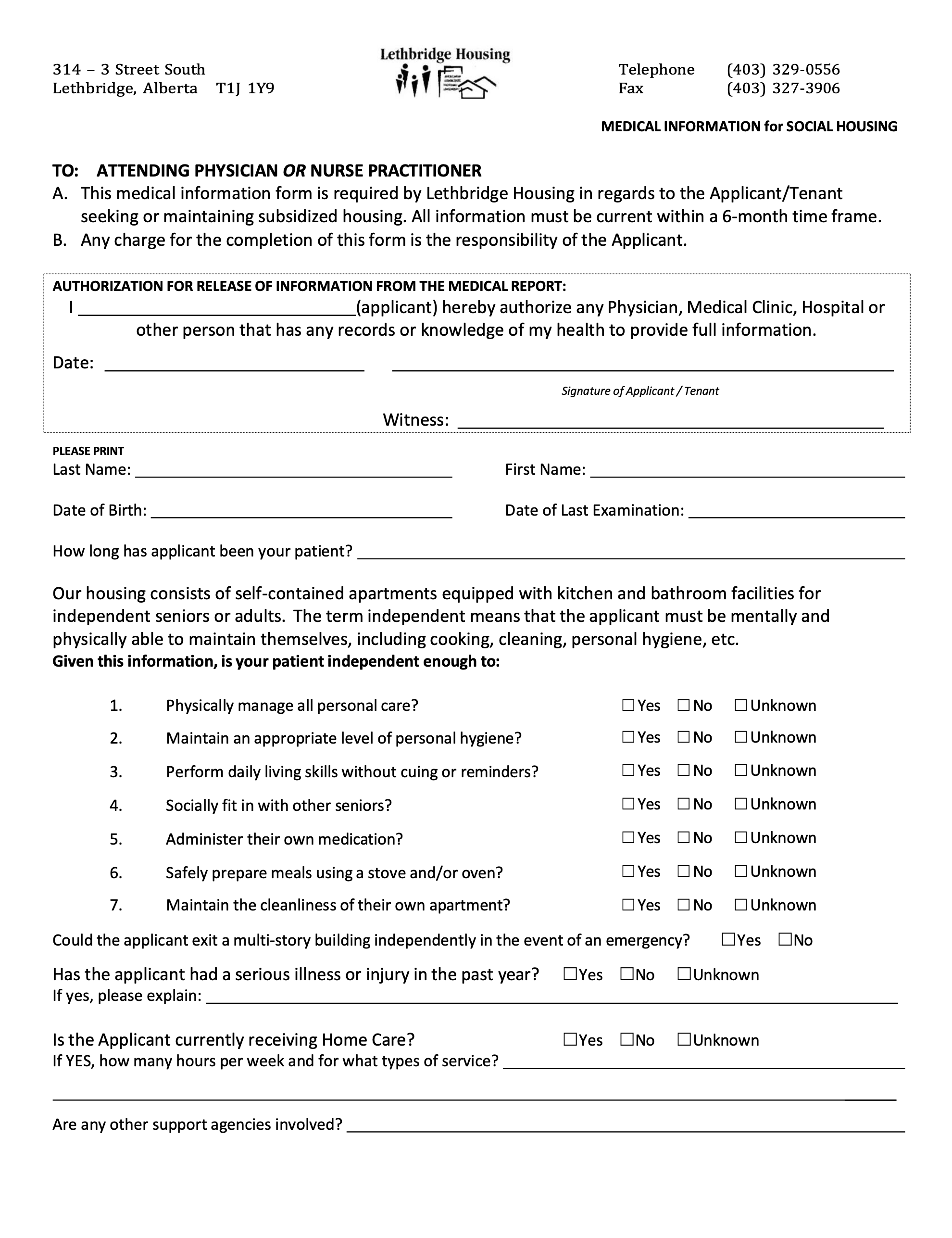 Social housing medical information form from Lethbridge Housing, Alberta, with fields for personal and health details, and questions about the applicant's independence.