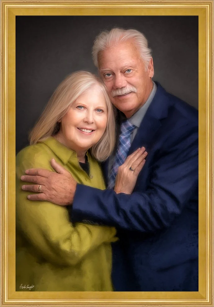 Commissioned mixed media couples anniversary portrait displayed as large-format heirloom wall art — created from a photograph, hand-embellished on archival canvas, and custom framed by Heidi Knight Fine Art, Wimberley, Texas.