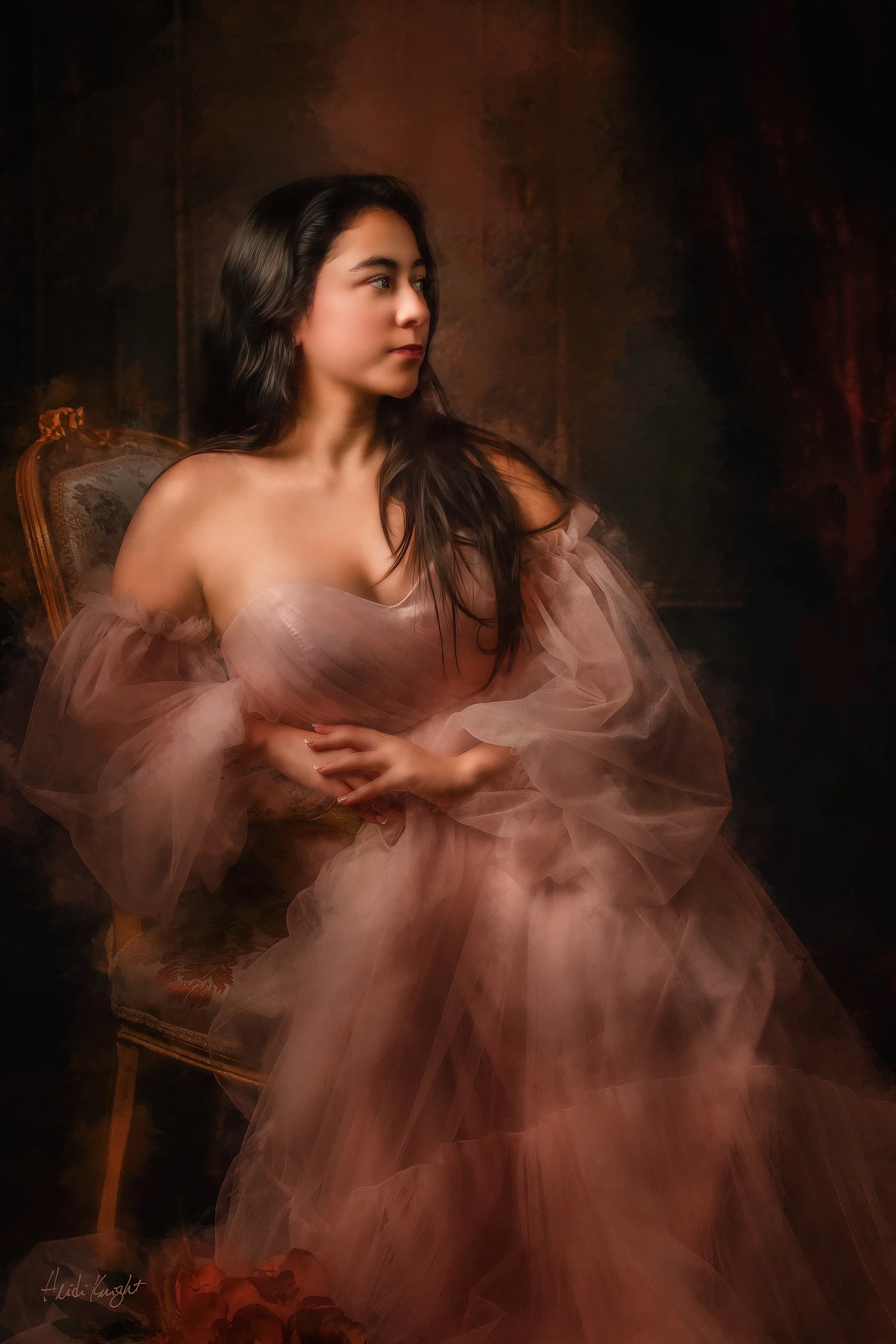 Commissioned mixed media high school senior portrait displayed as large-format heirloom wall art — created from a photograph, hand-embellished on archival canvas, and custom framed by Heidi Knight Fine Art, Wimberley, Texas.