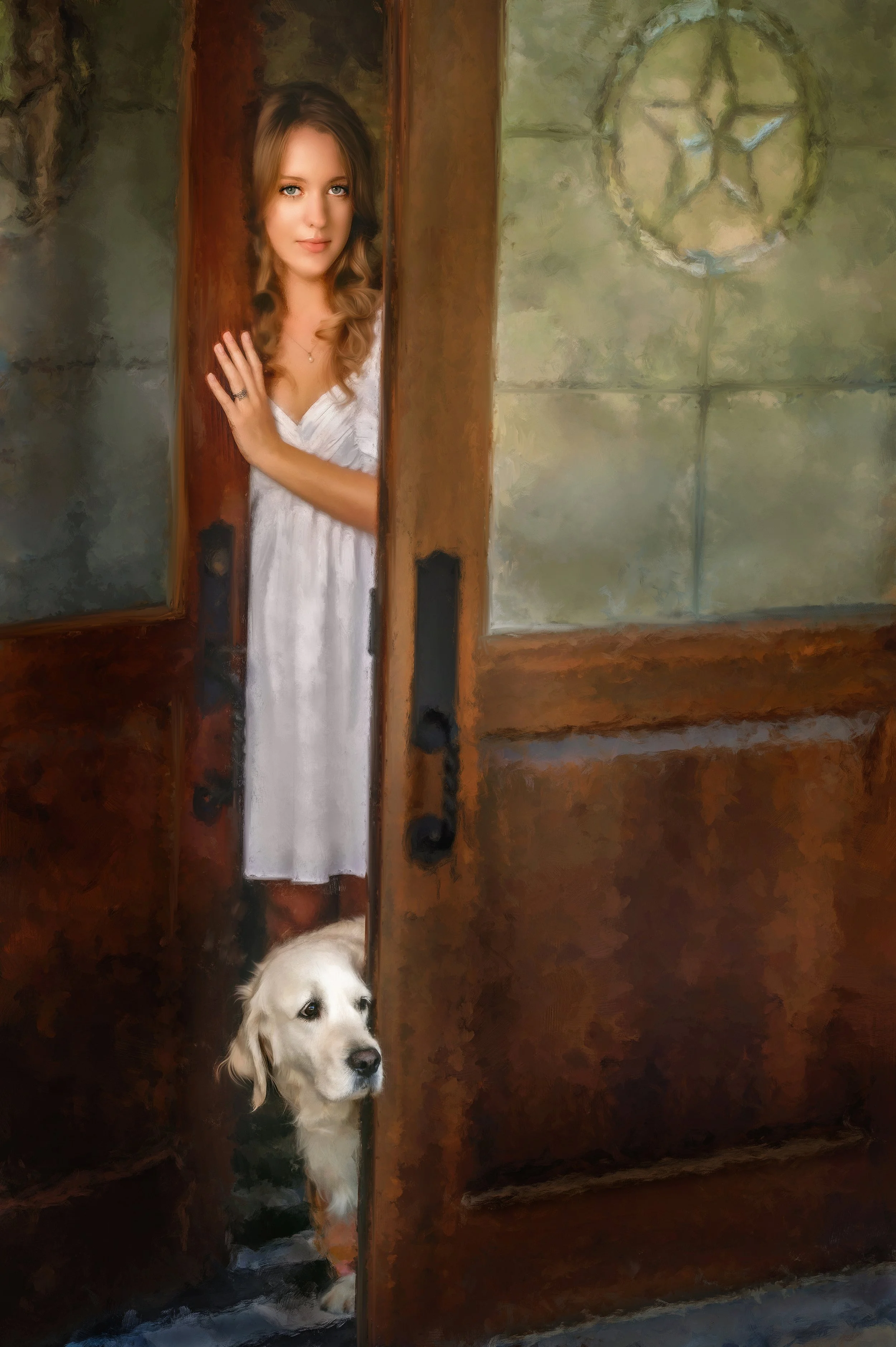 A young woman in a white dress peeking through a half-open wooden door with a golden retriever puppy looking out from behind it.