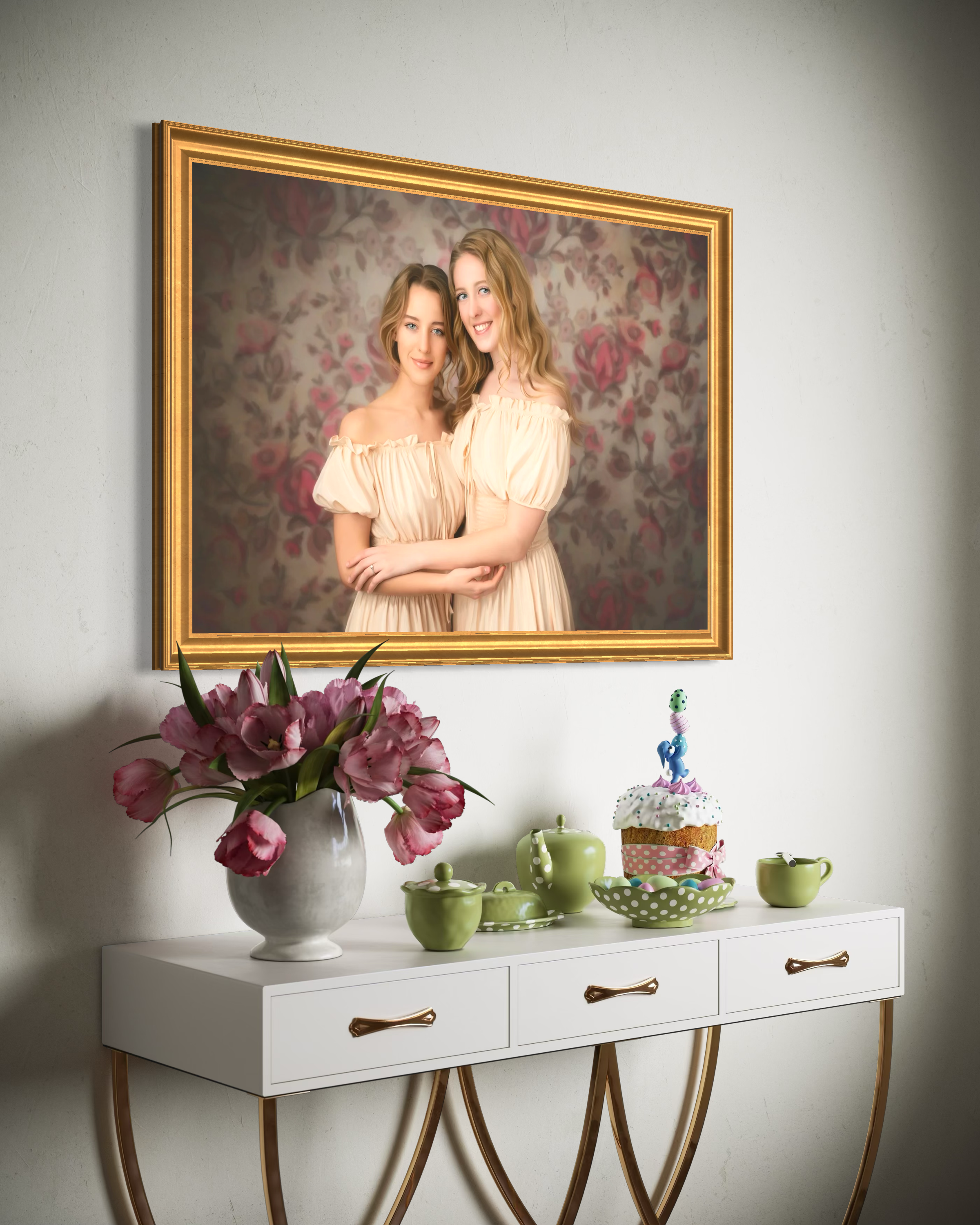 mixed media sisters wall portrait in gold frame by artist Heidi Knight