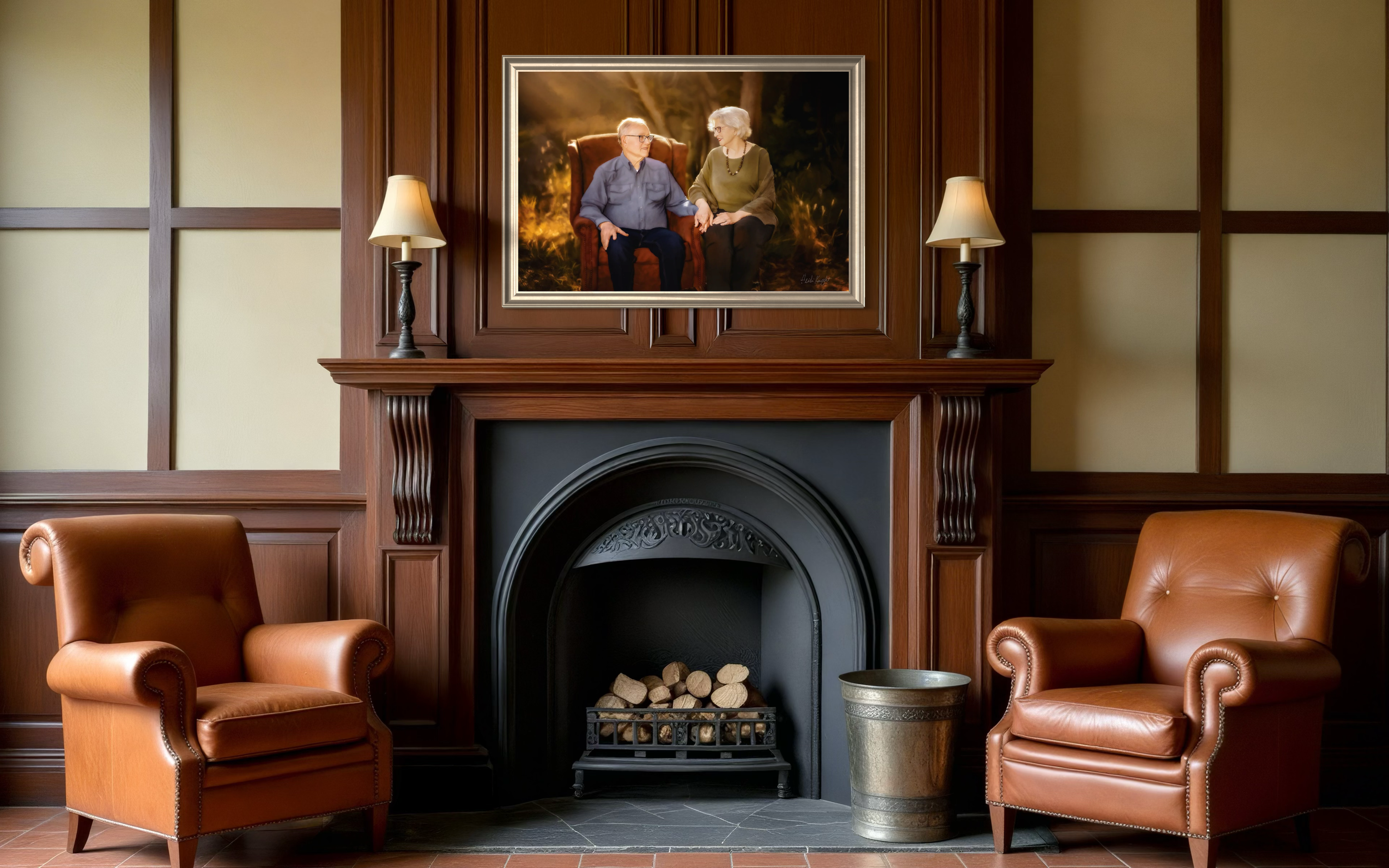 Custom family portrait artwork displayed in a living room as a statement piece designed for the home.