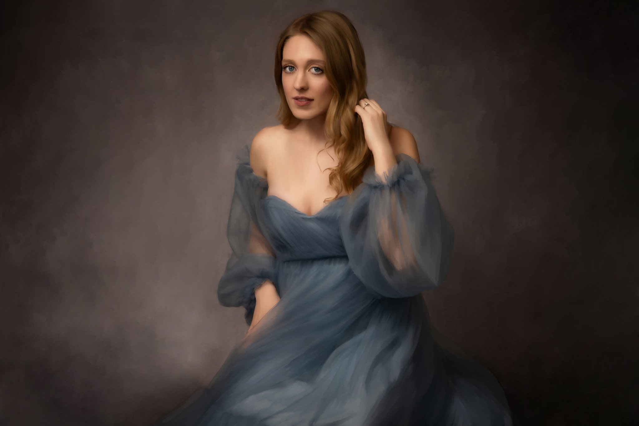 A young woman with red hair and blue eyes wears a flowing off-the-shoulder gray dress. She is seated against a dark, textured background, looking at the camera with a gentle expression, one hand touching her hair.