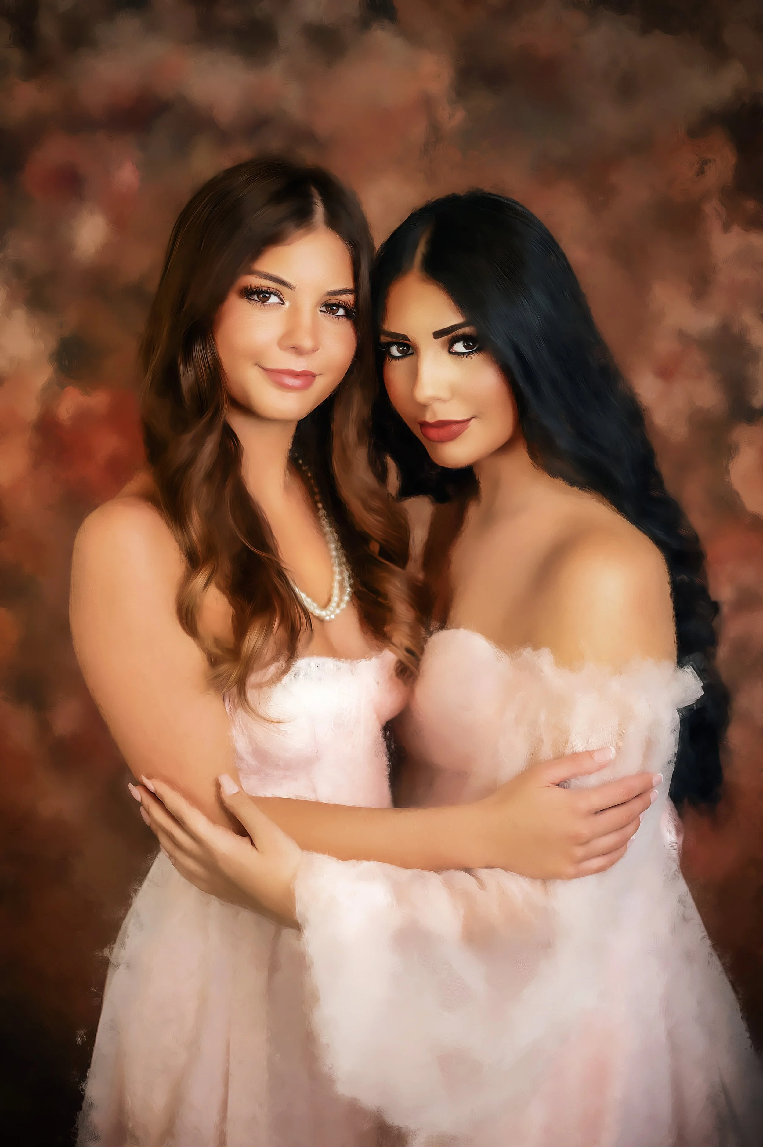 Mixed media commission of sisters on a pink floral studio background by artist Heidi Knight