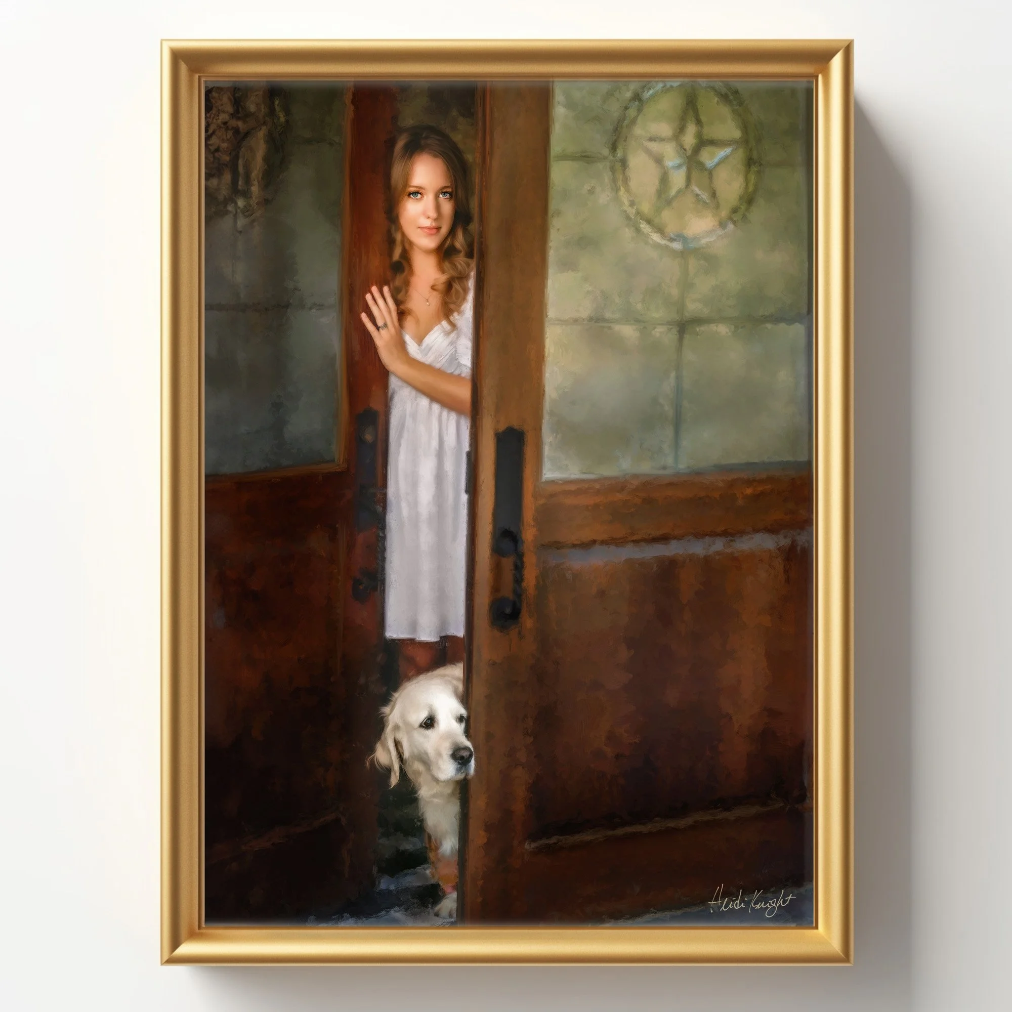 Welcome Home, a painted high school senior portrait by Heidi Knight Fine Art featuring a young woman at her family's front door with an English Cream Golden Retriever.