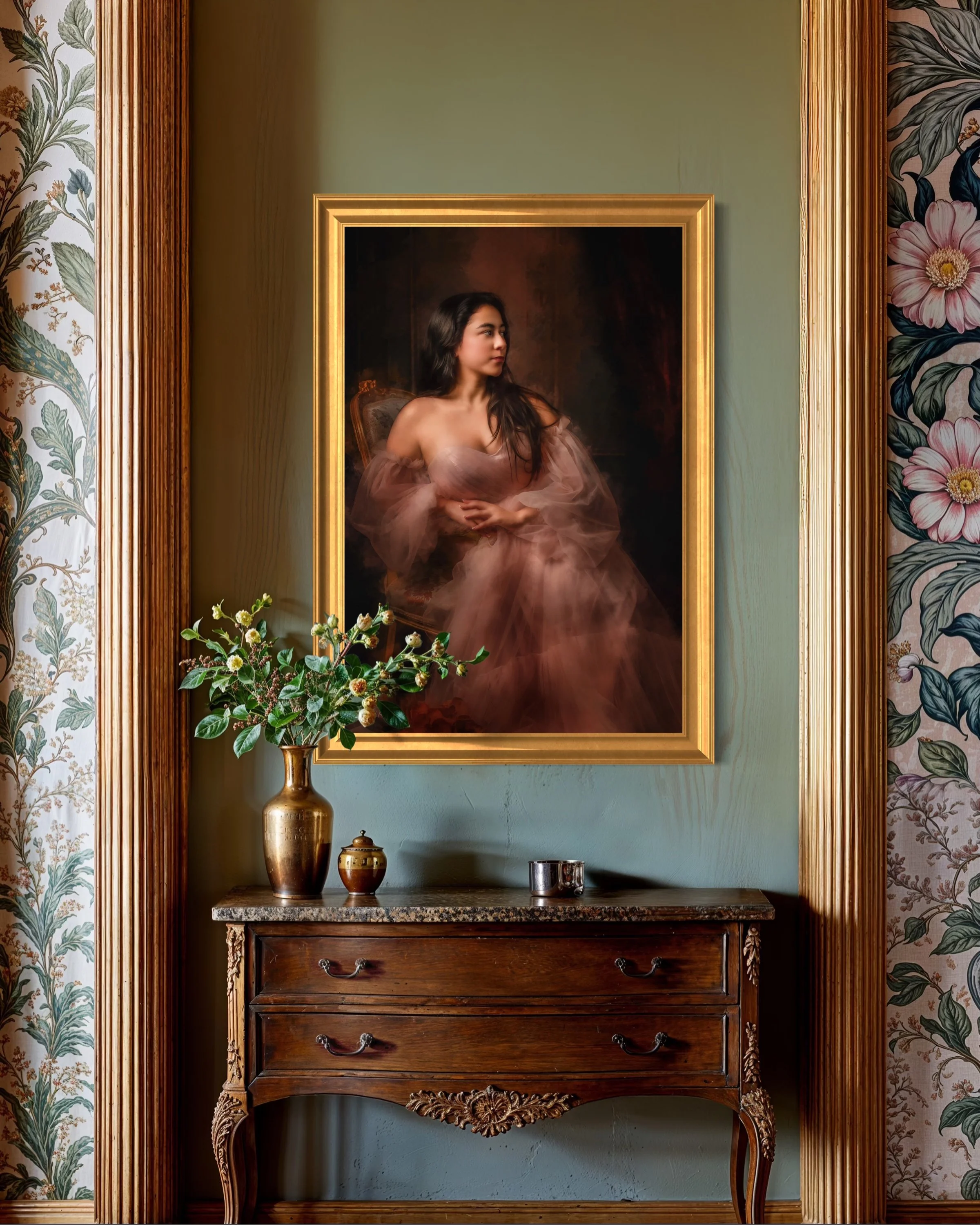 a wall portrait of a beautiful raven haired high school senior girl sitting in a chair, profile view framed in a formal setting by heidi Knight fine art