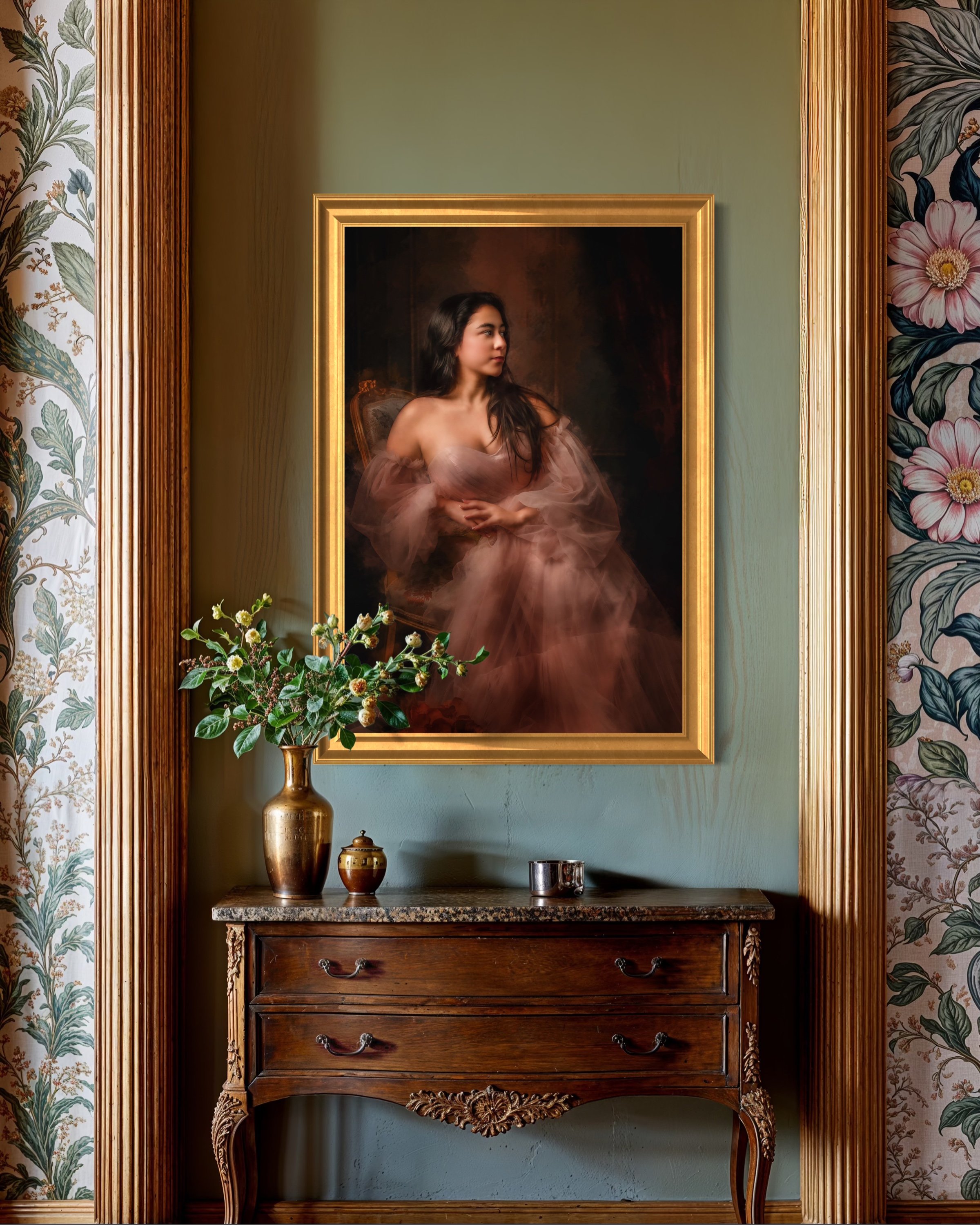 Commissioned high school senior portrait displayed as fine art wall décor in a formal residential setting.