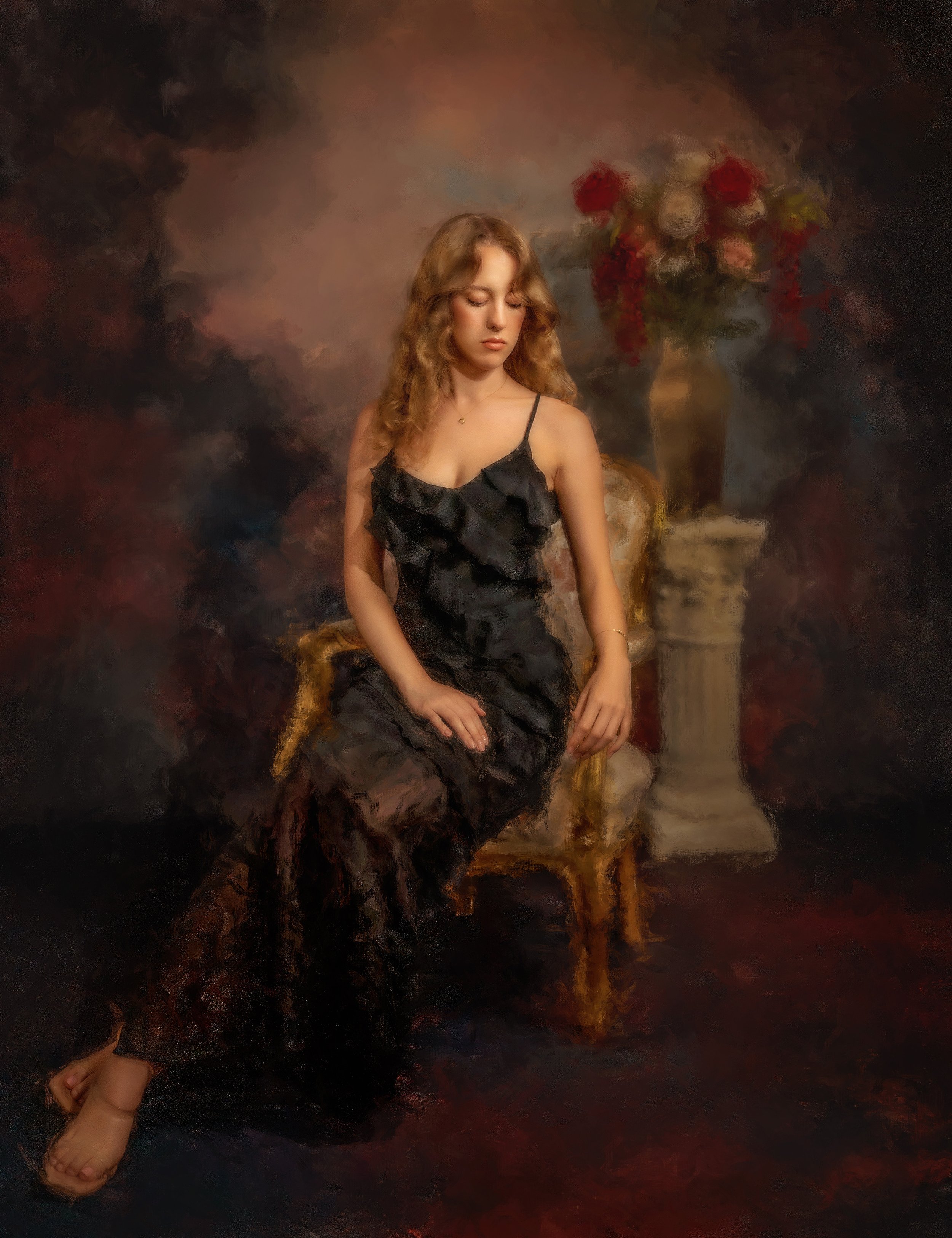 A young woman with curly hair in a black ruffled dress sitting on a wooden chair next to a marble pedestal with a vase of red and pink flowers, in a painterly style.